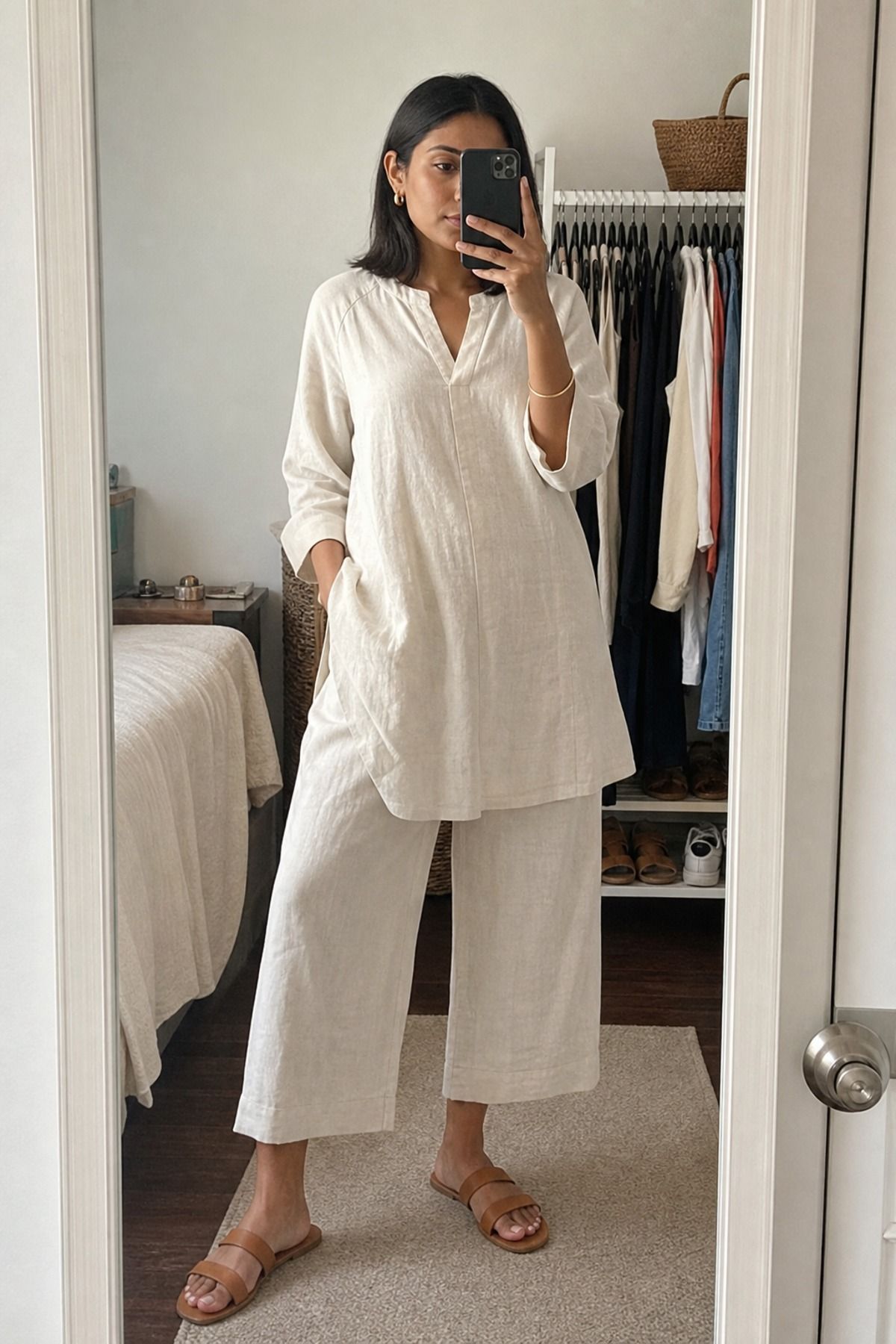 Woman wearing a linen tunic with cropped wide pants