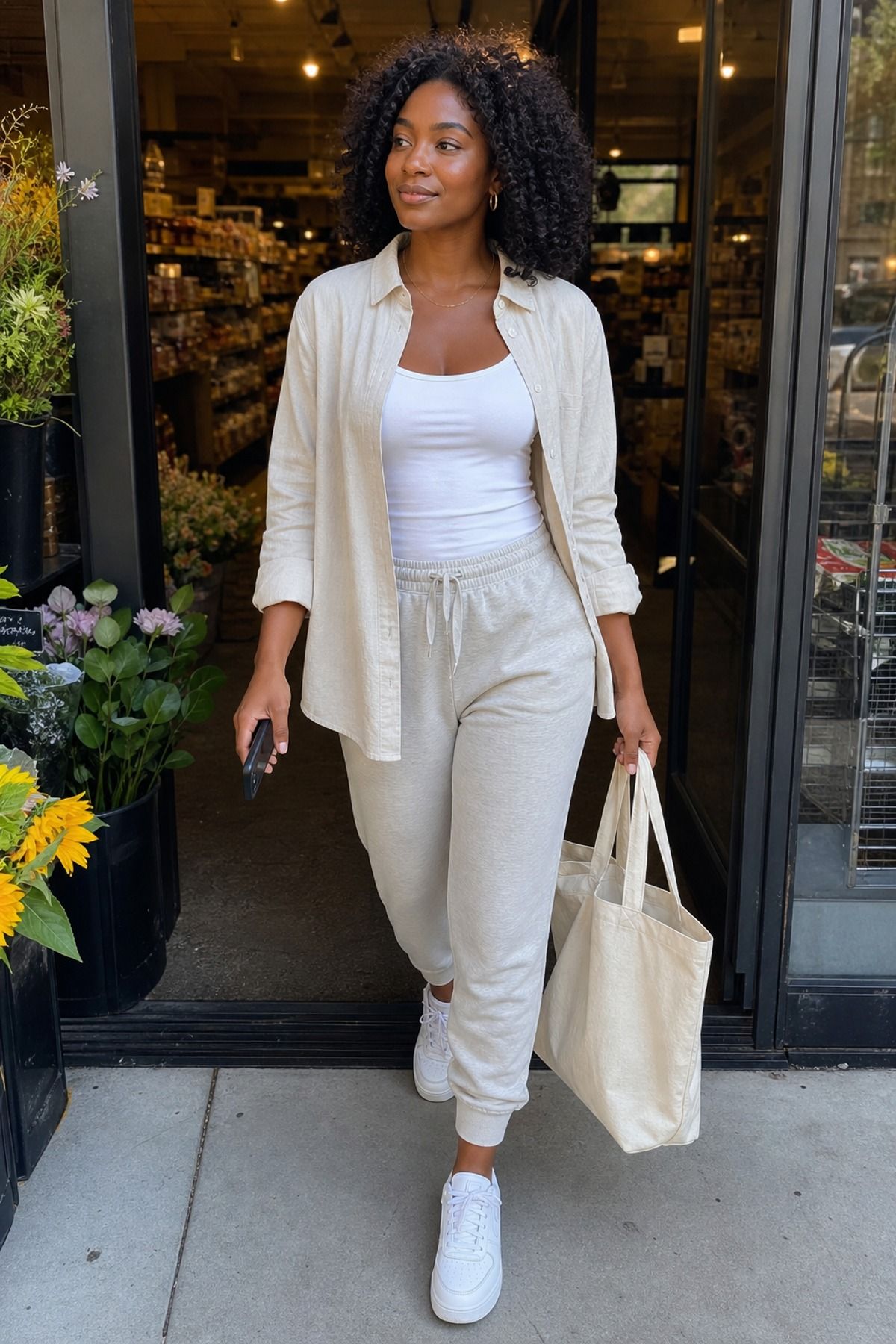 Woman wearing an overshirt with a tank and soft joggers