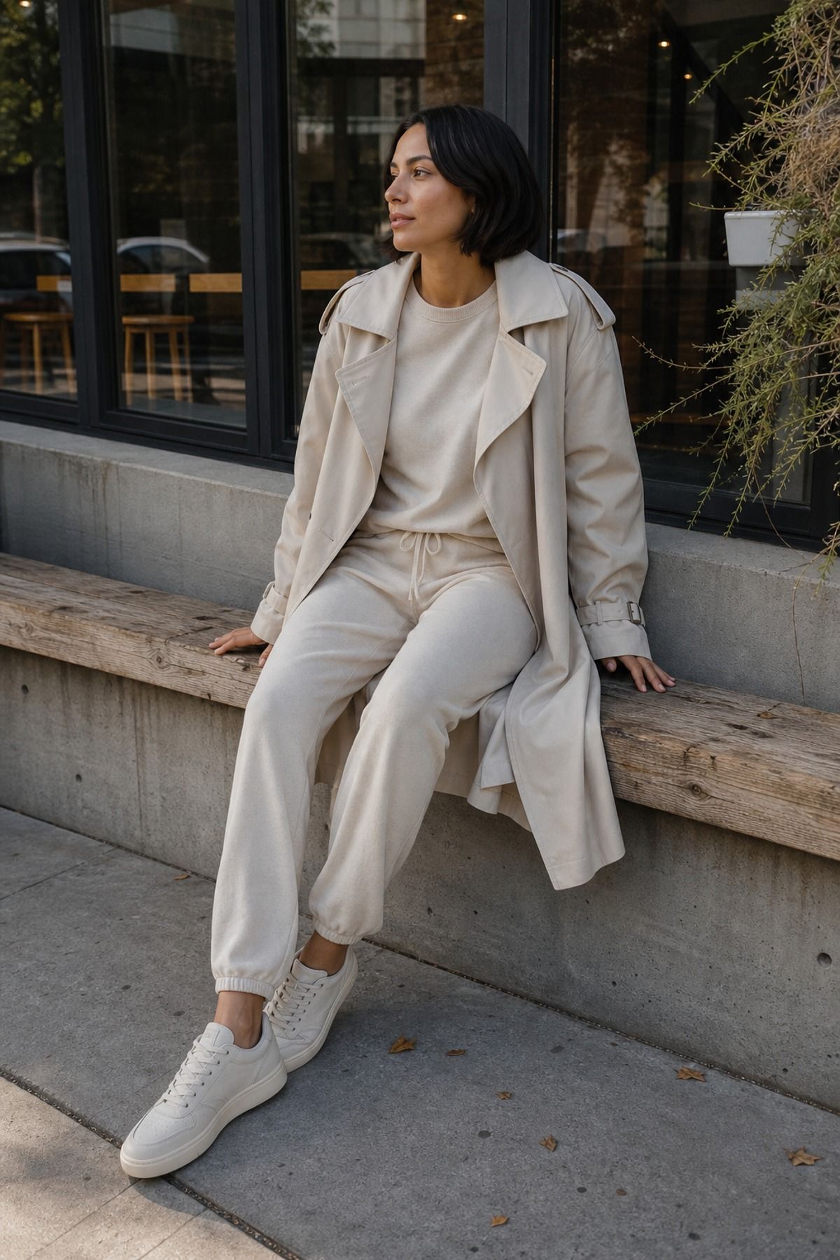 Woman wearing a matching lounge set with a structured trench