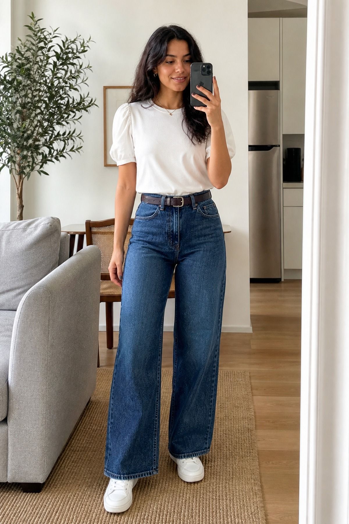 Woman wearing a puff-sleeve tee with wide-leg jeans, a pear shape outfit