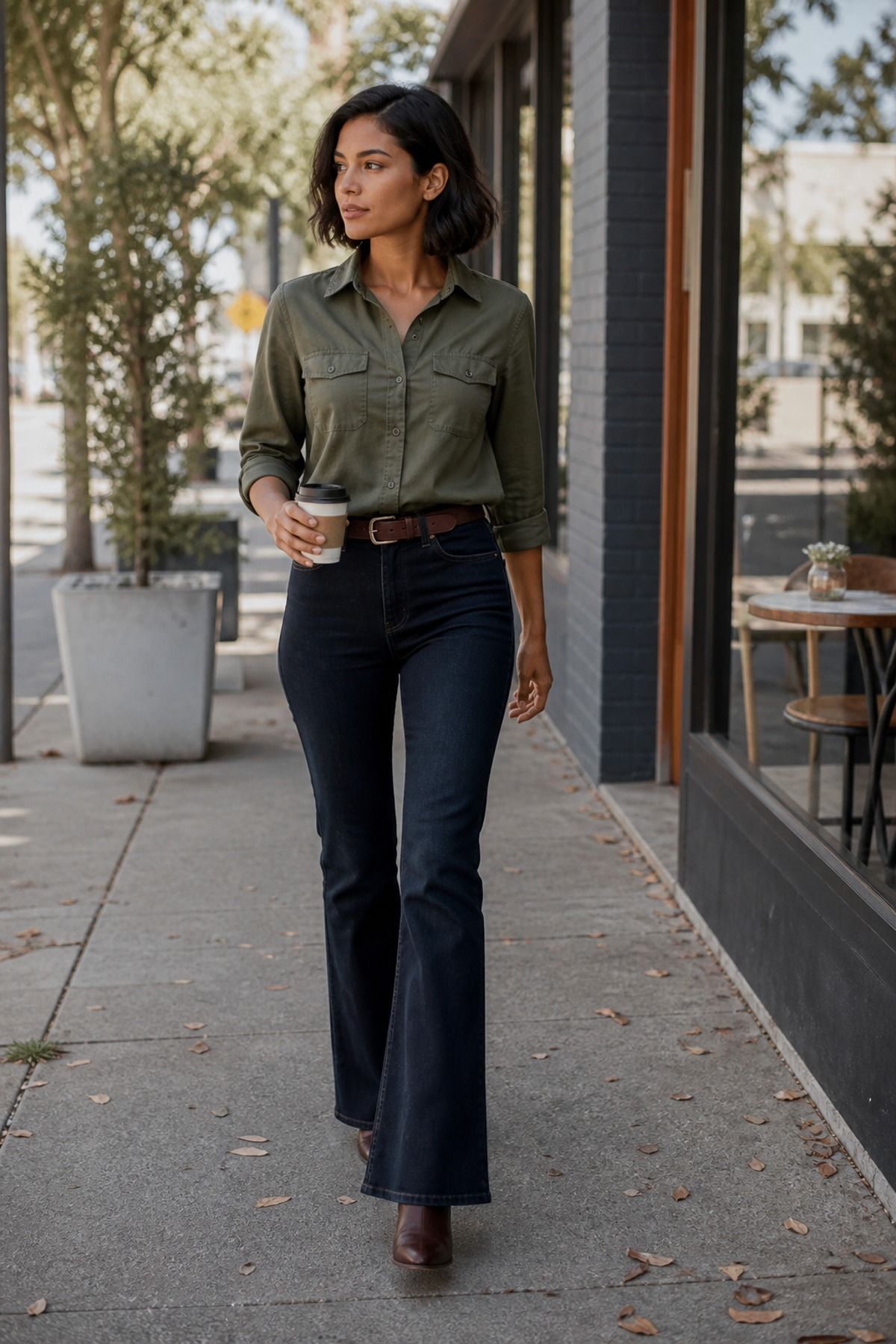 Woman wearing a utility shirt with dark bootcut jeans