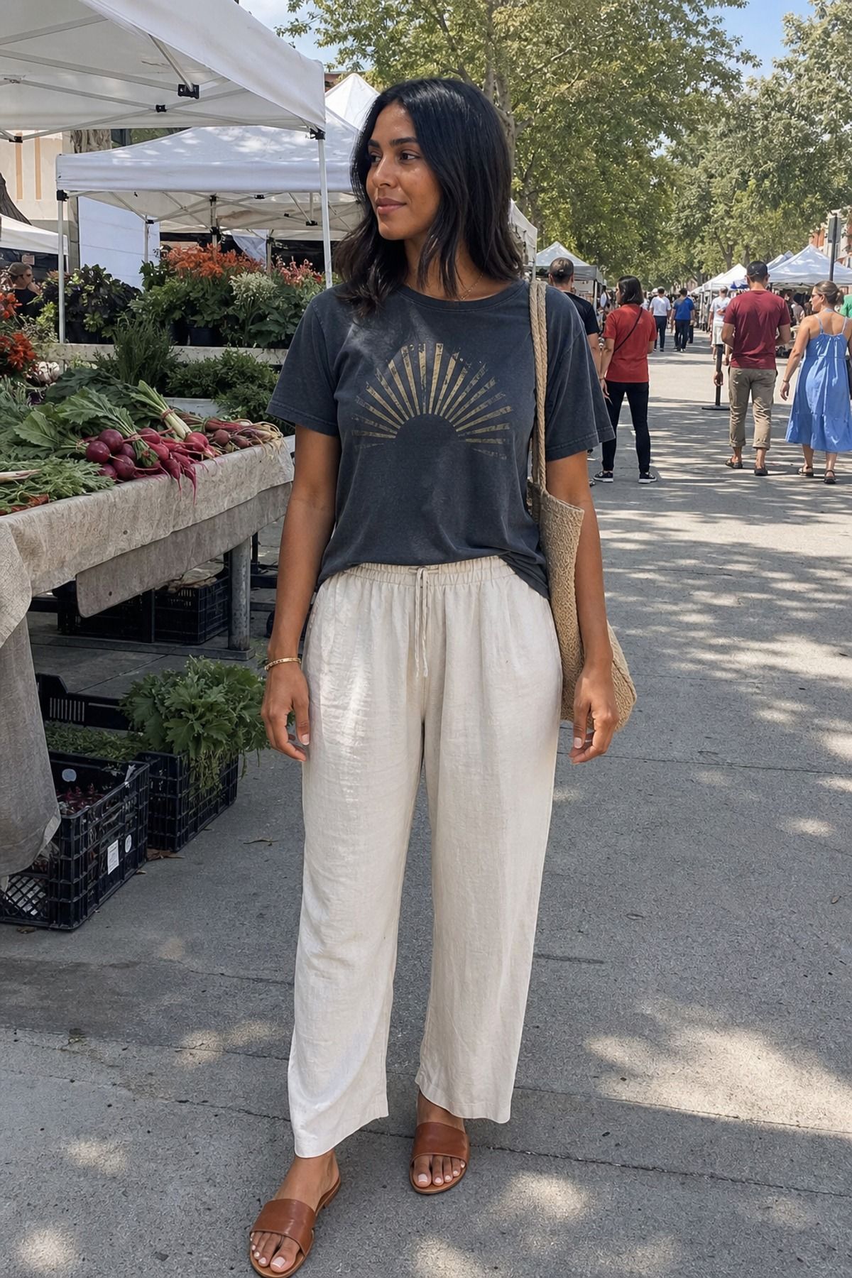 Woman wearing a graphic tee with pull-on linen pants