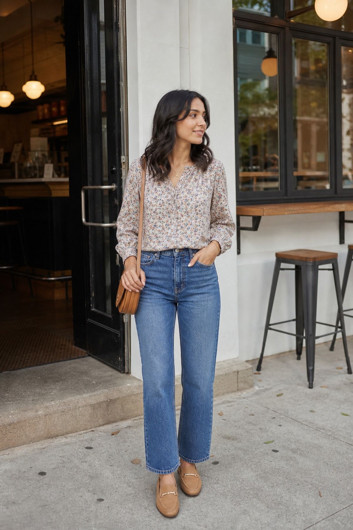 Woman wearing a printed blouse with straight jeans