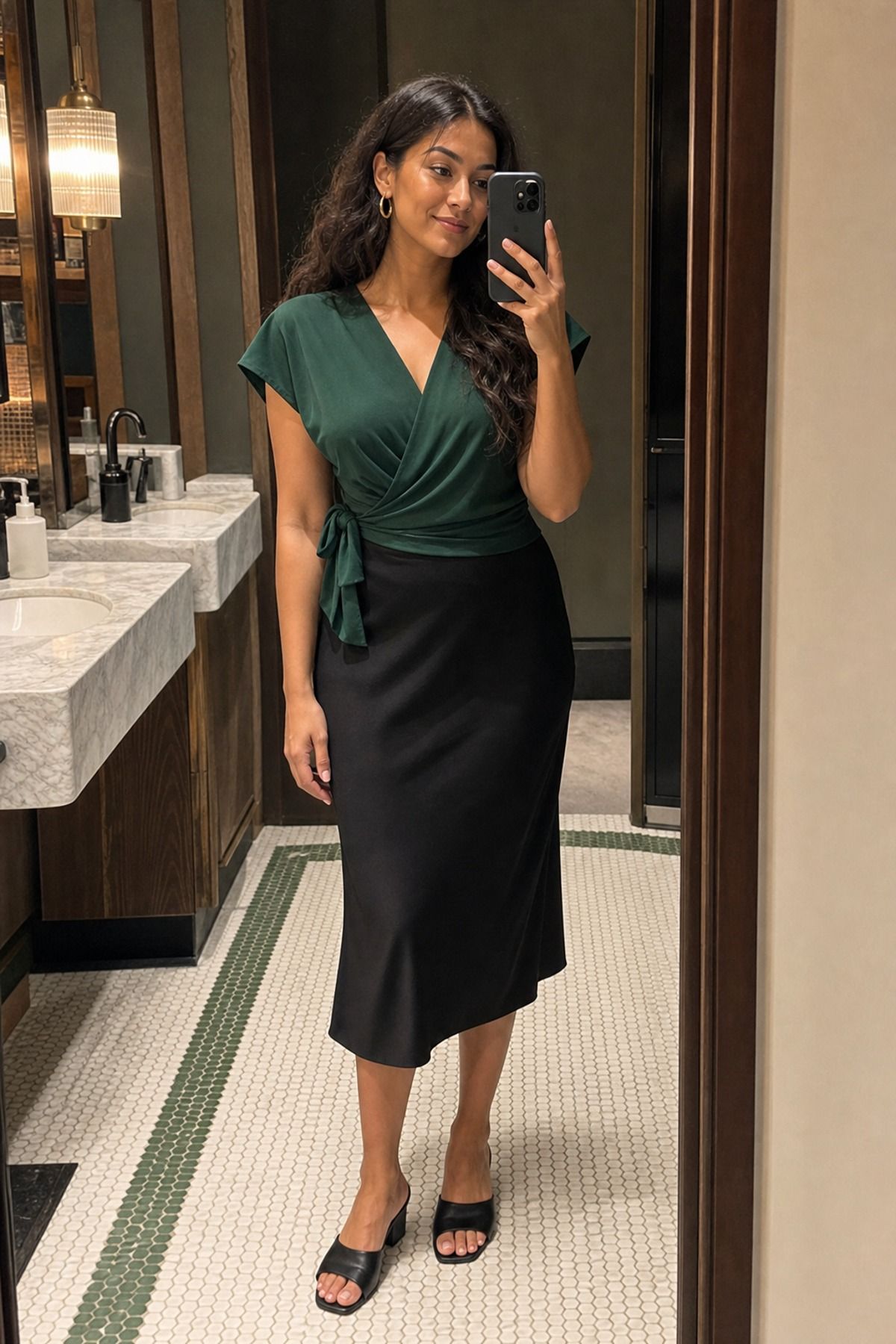 Woman wearing a wrap top with a pull-on midi skirt
