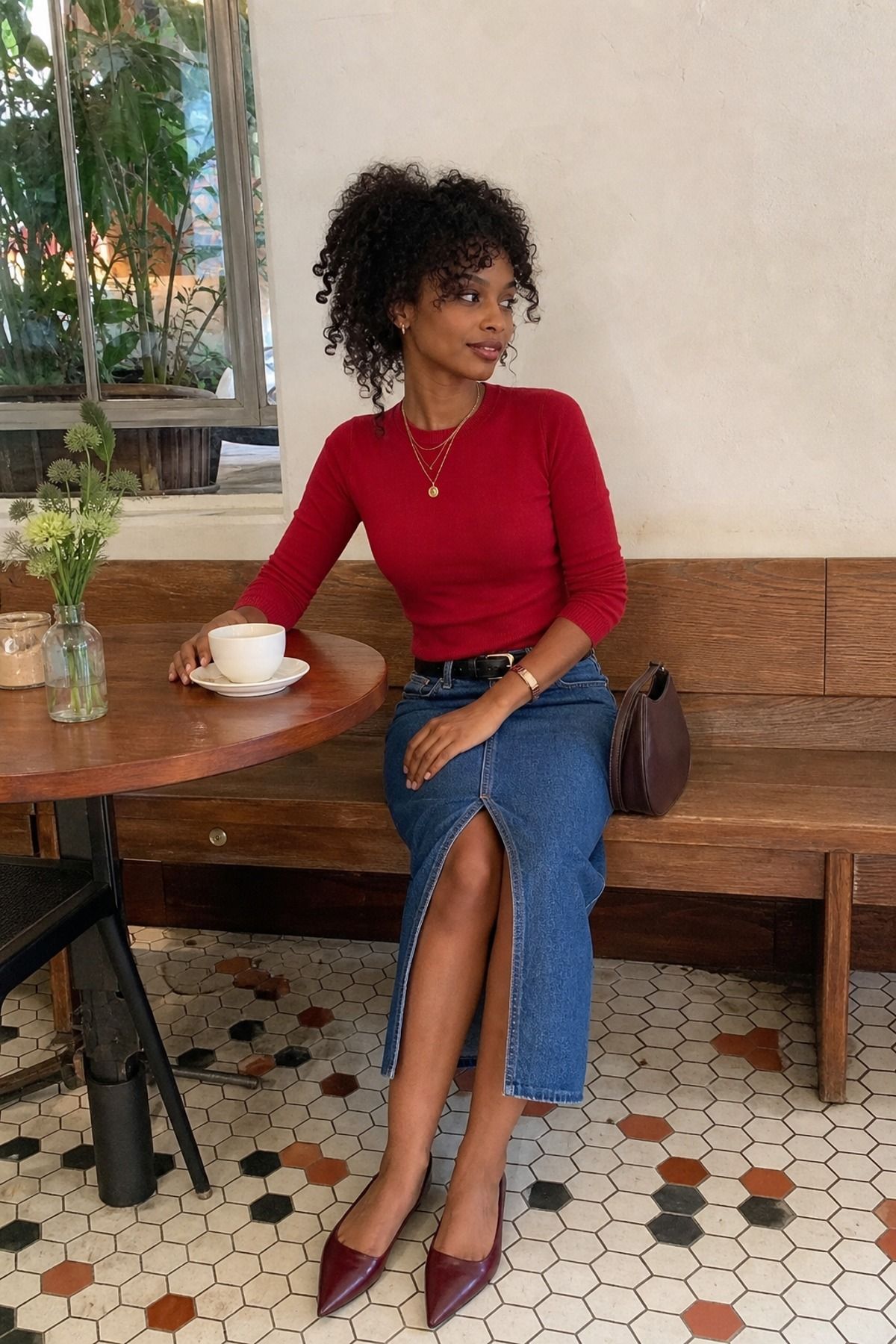 Woman wearing a column skirt with a fitted crewneck, a petite casual outfit
