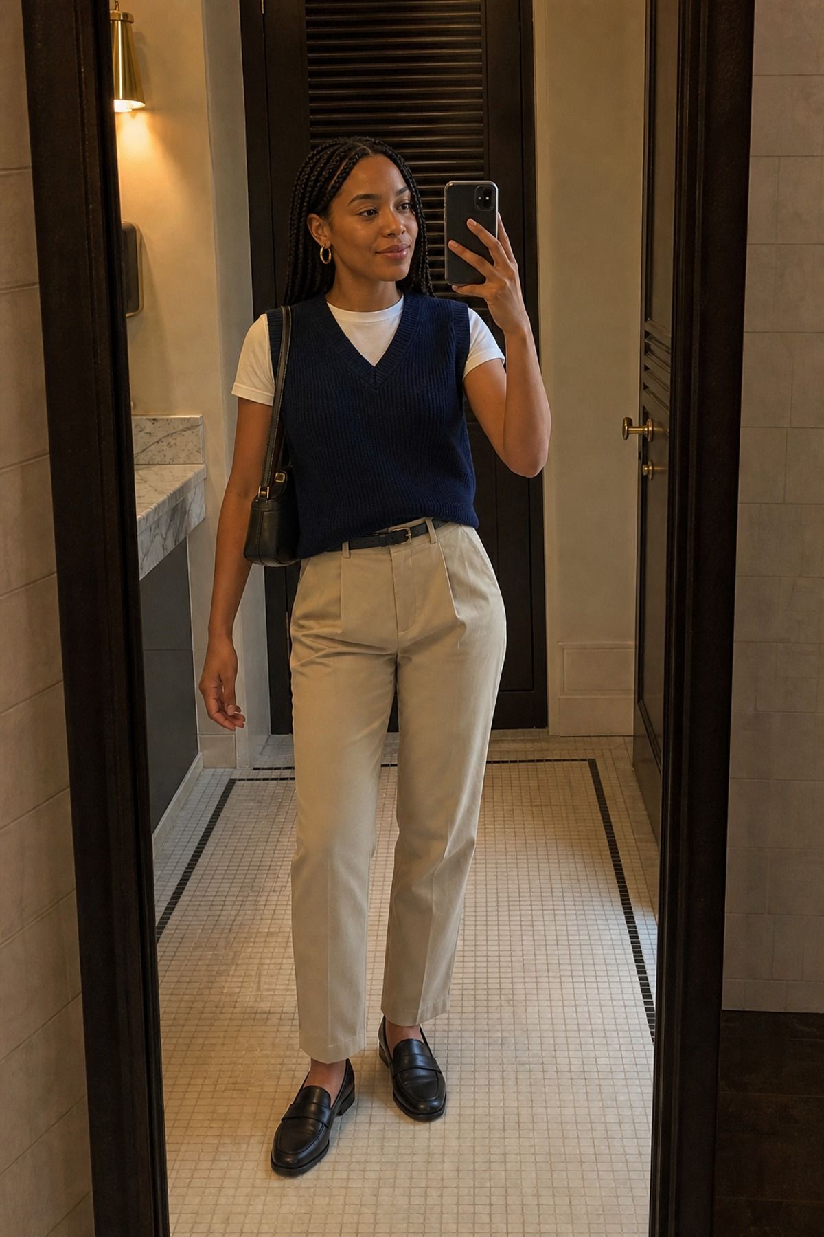Woman wearing a sweater vest with petite trousers, a petite casual outfit