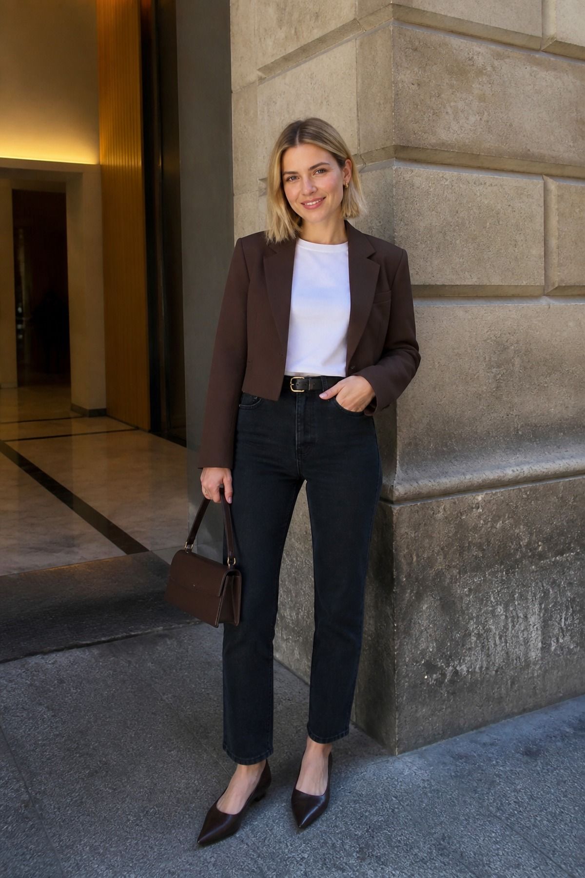 Woman wearing dark straight jeans with a petite blazer, a petite casual outfit