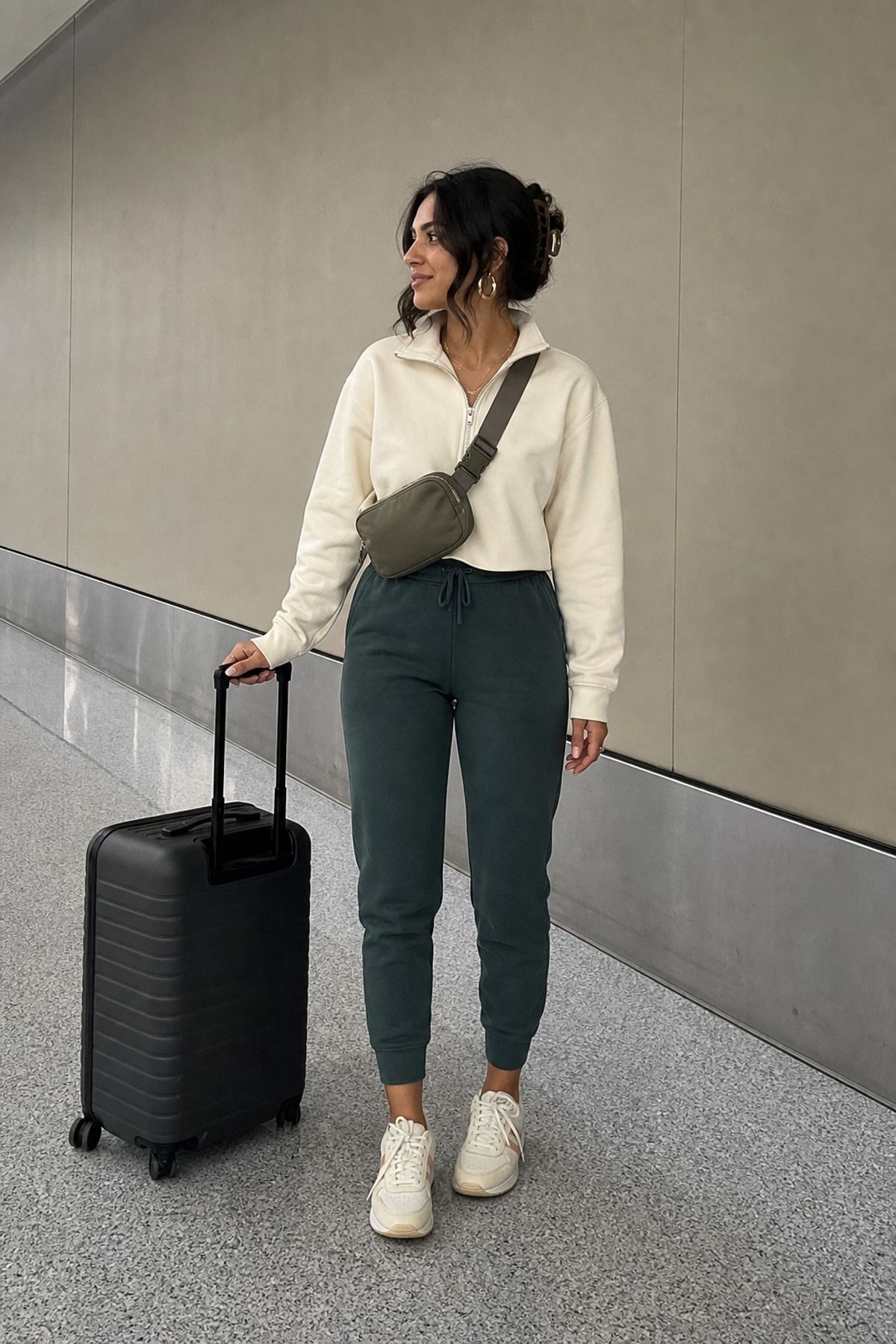 Woman wearing high-rise joggers with a neat half-zip, a petite casual outfit