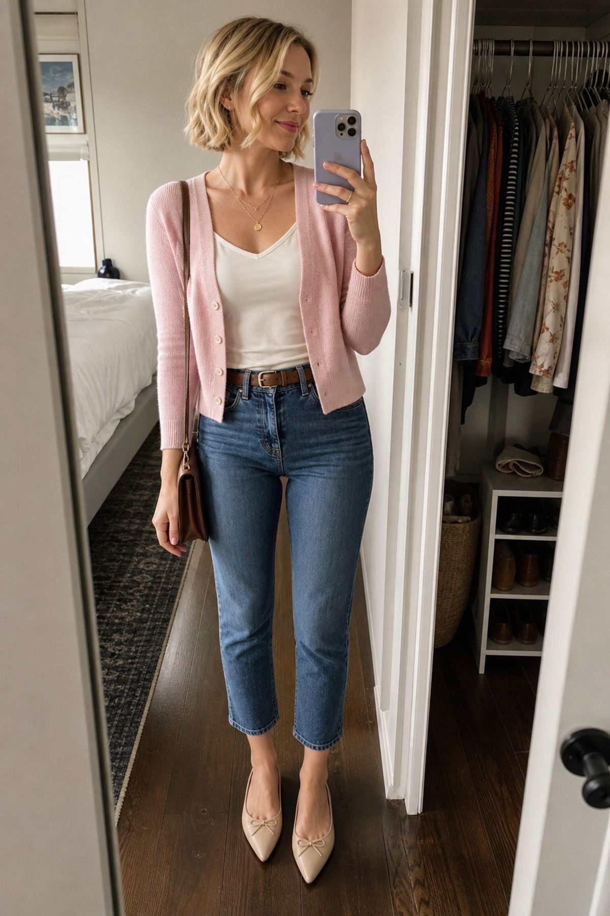 Woman wearing a cami and cardigan with ankle jeans, a petite casual outfit