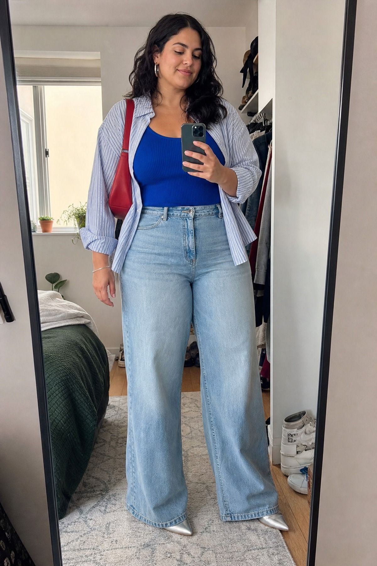 Wide-Leg Jeans With a Ribbed Tank and Open Shirt outfit idea for 22 Plus Size Casual Outfit Ideas With Comfortable Shape and Style.
