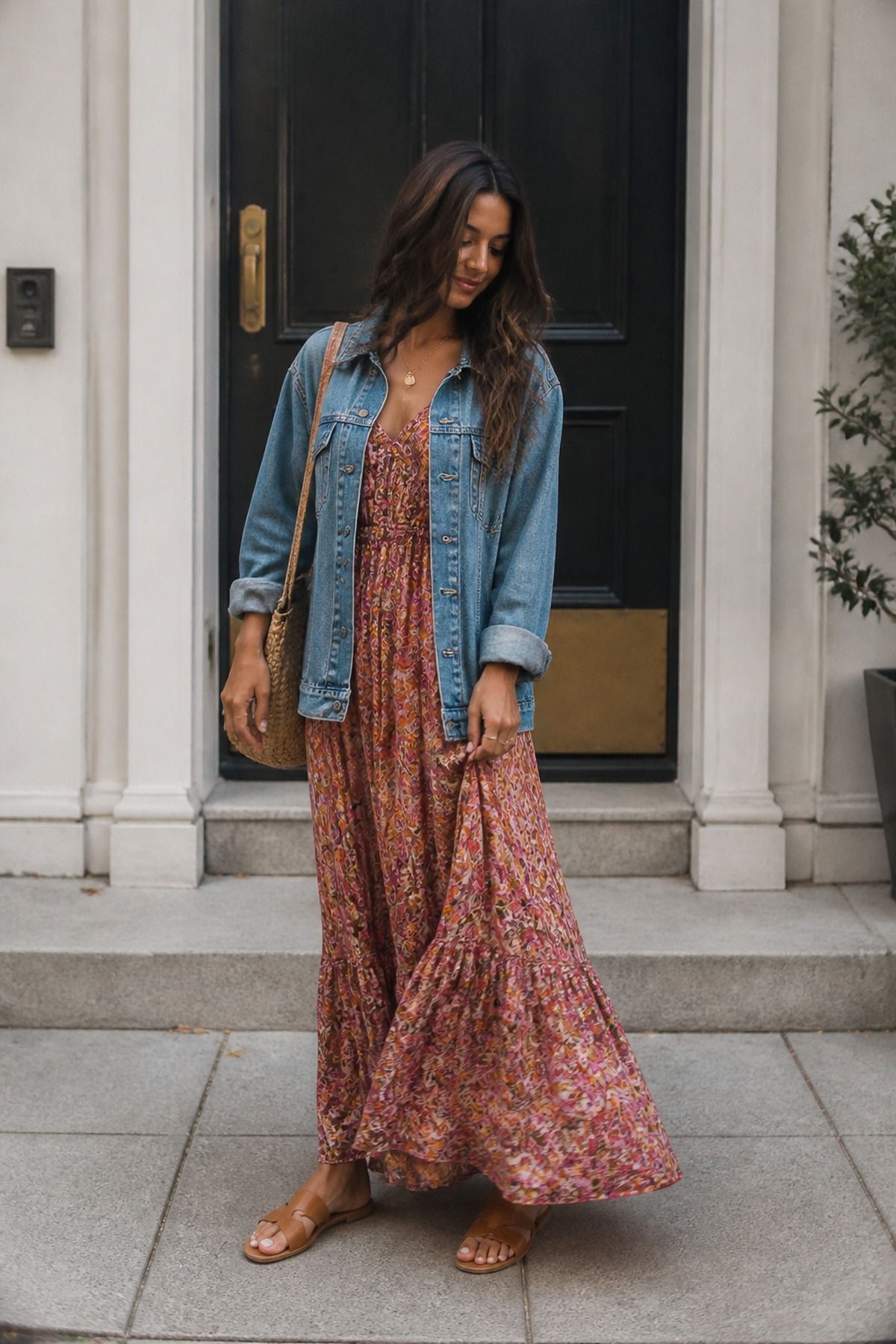 Woman wearing an oversized denim jacket with a maxi dress, a tall girl casual outfit