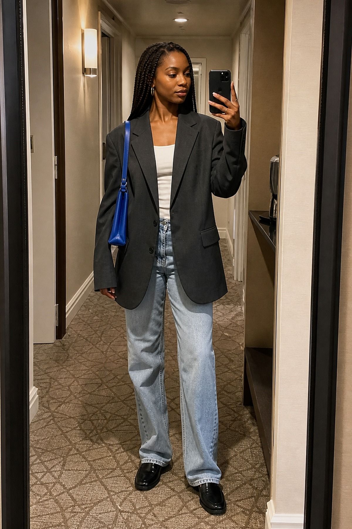 Woman wearing a boyfriend blazer with relaxed tall jeans, a tall girl casual outfit