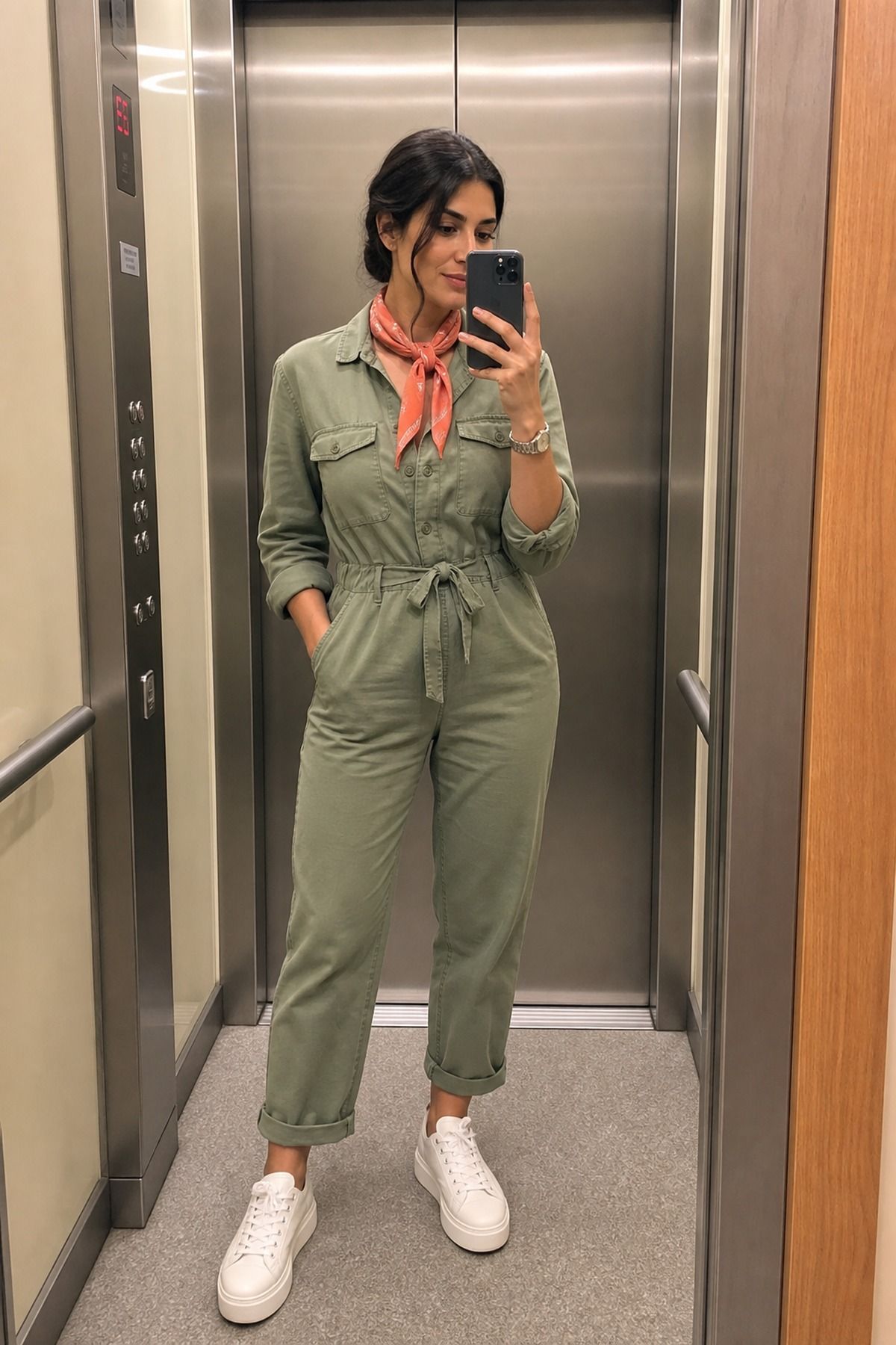 Woman wearing a utility jumpsuit with platform sneakers, a tall girl casual outfit