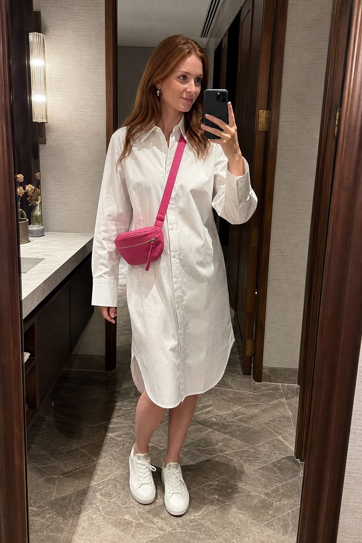 Woman wearing a tall-fit shirt dress with a belt bag, a tall girl casual outfit