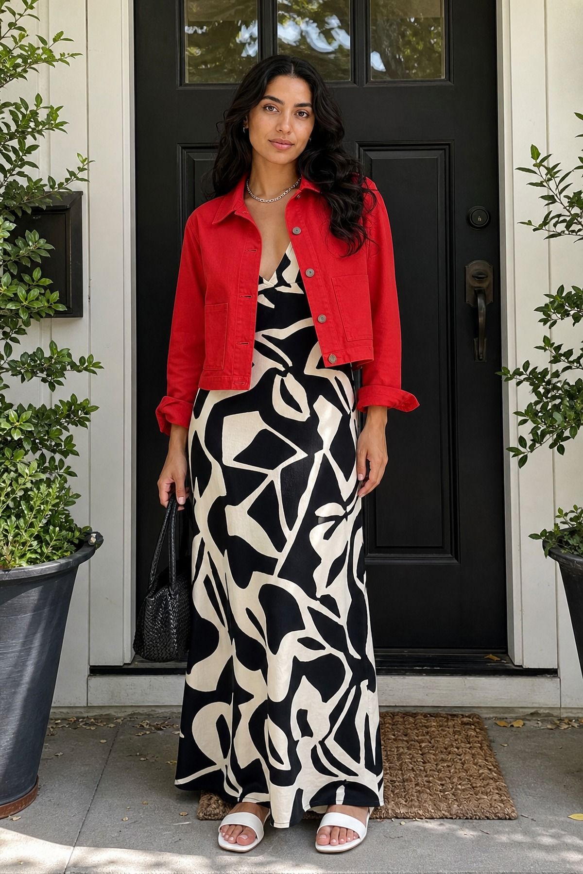 Woman wearing a maxi dress with a cropped jacket, a tall girl casual outfit