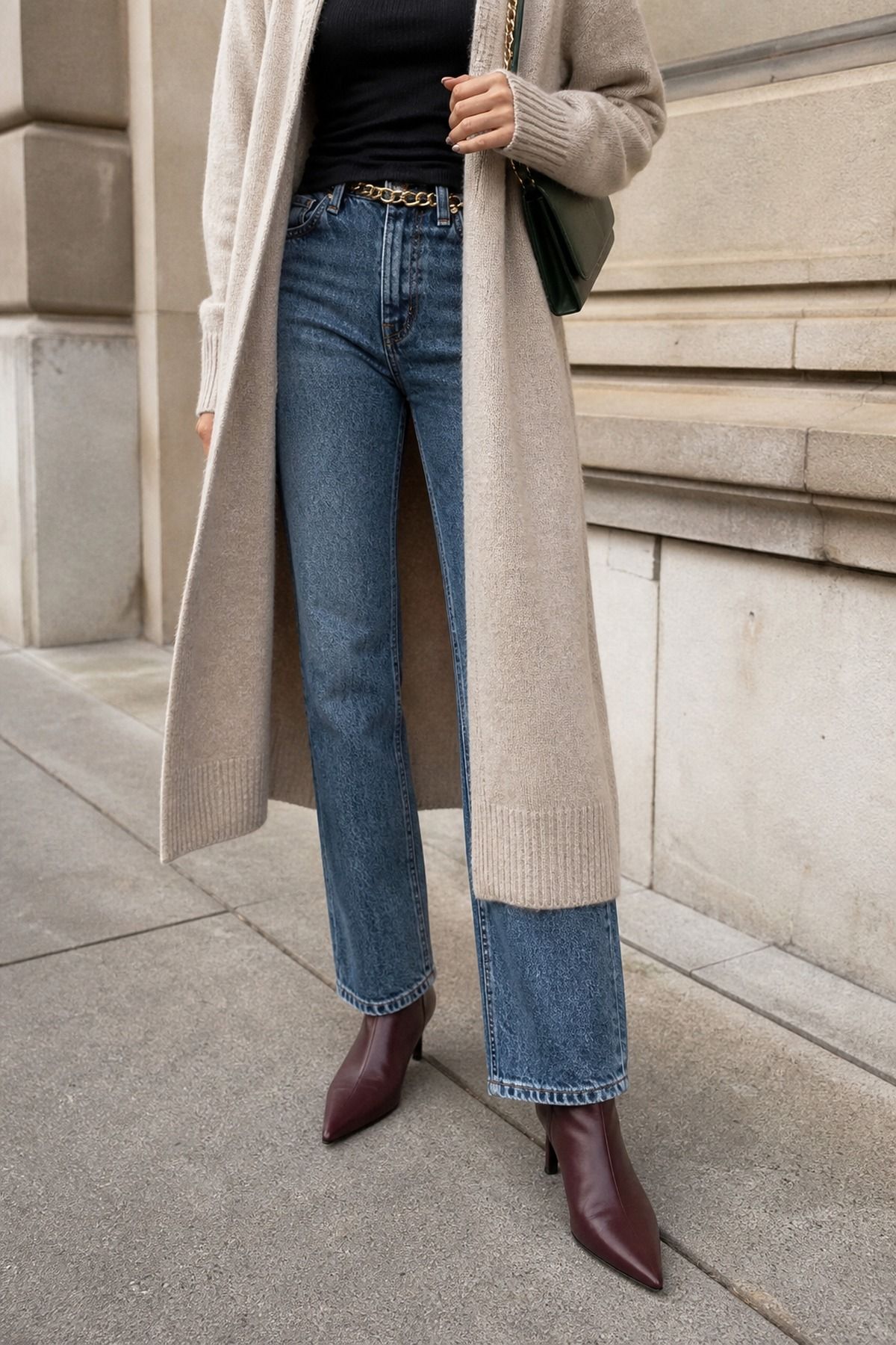 Woman wearing a long cardigan with straight jeans, a tall girl casual outfit