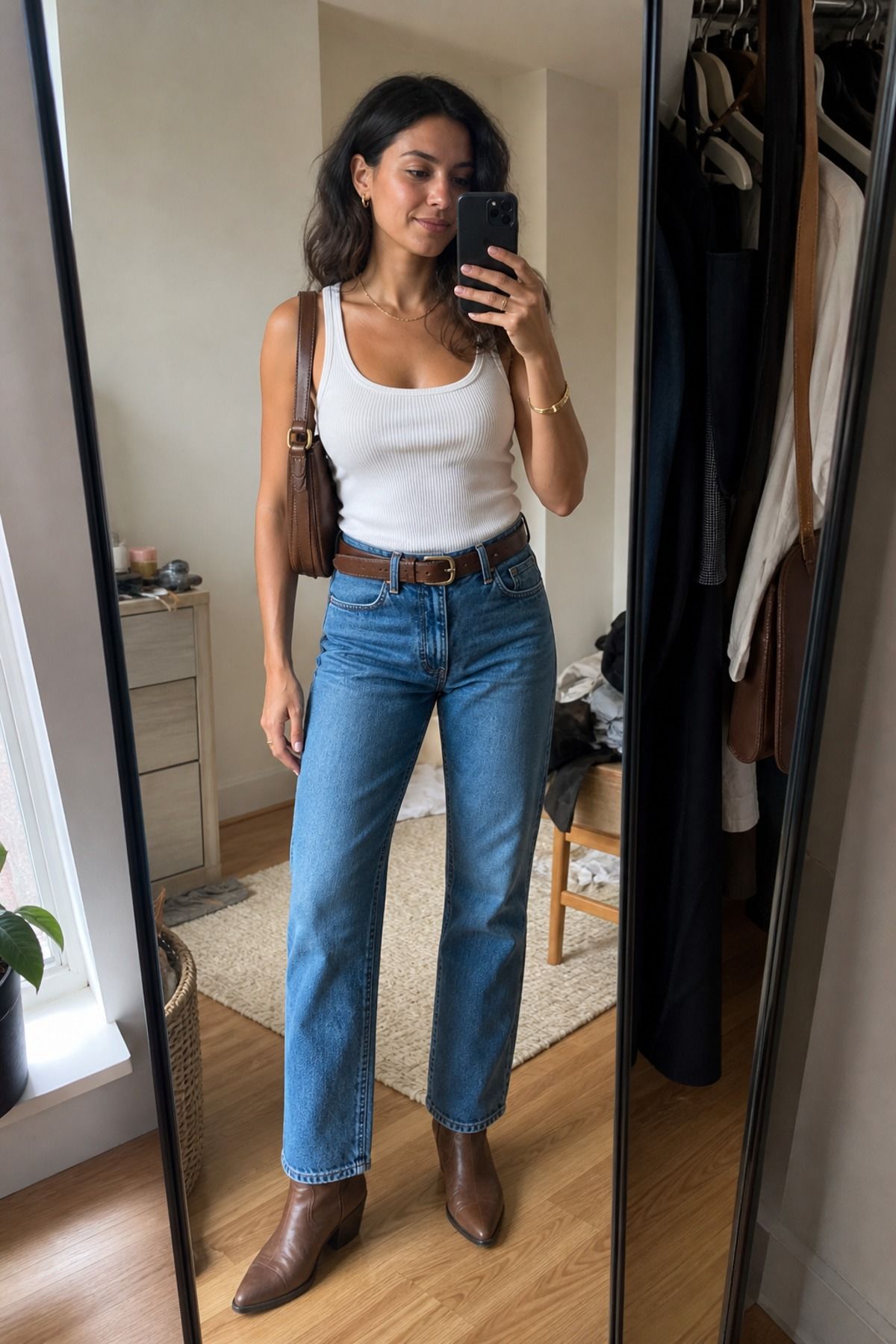 Woman wearing cowboy boots with straight jeans and a white tank, a Western casual outfit