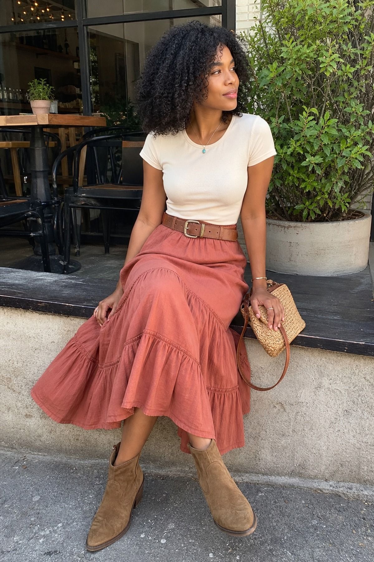 Woman wearing a prairie skirt with a fitted tee, a Western casual outfit