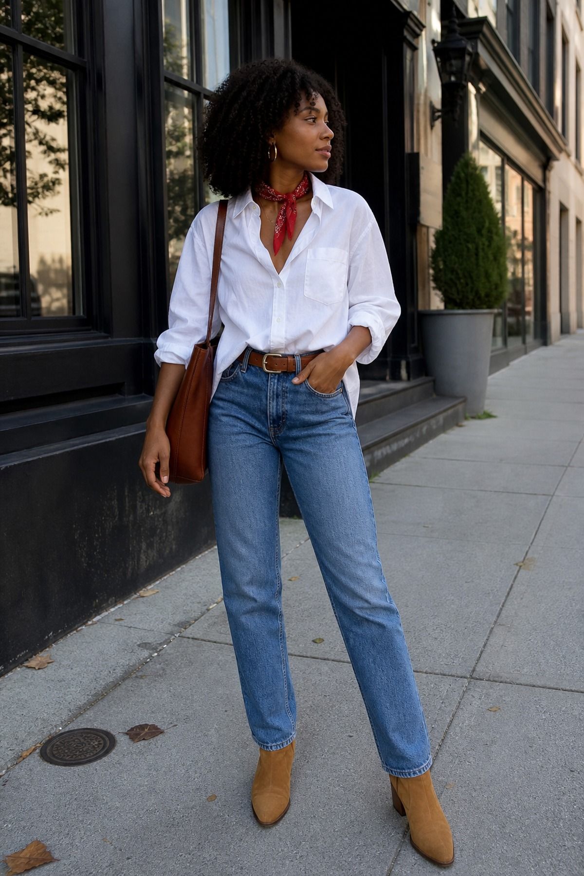 Woman wearing a bandana with a white button-down and jeans, a Western casual outfit