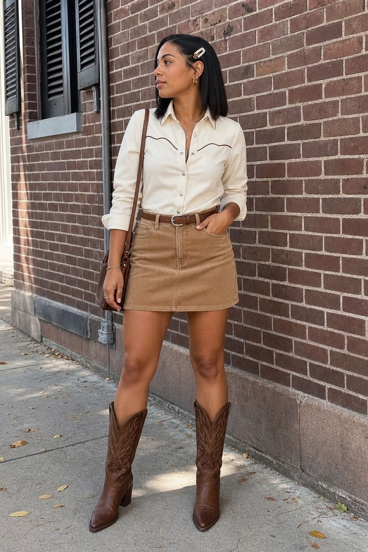 Woman wearing a corduroy mini skirt with a Western shirt, a Western casual outfit