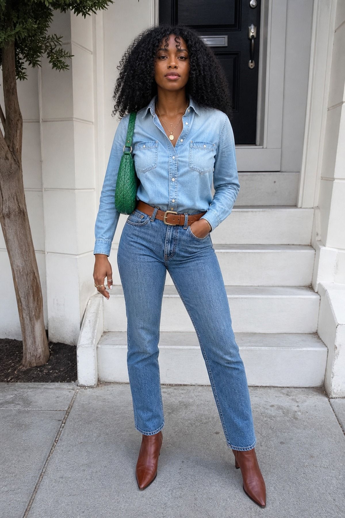 Woman wearing double denim with a brown leather belt, a western casual outfit