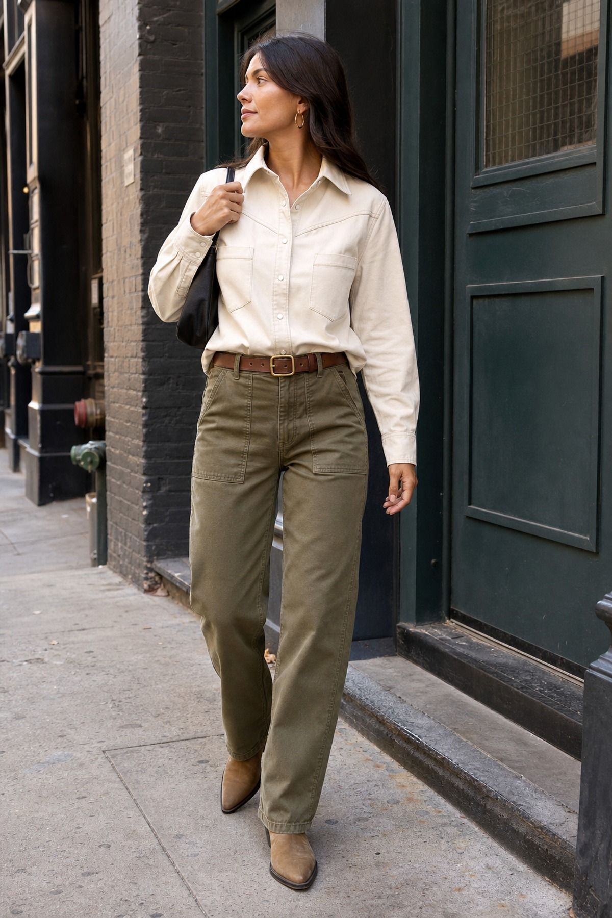 Woman wearing utility pants with a snap-front shirt, a Western casual outfit