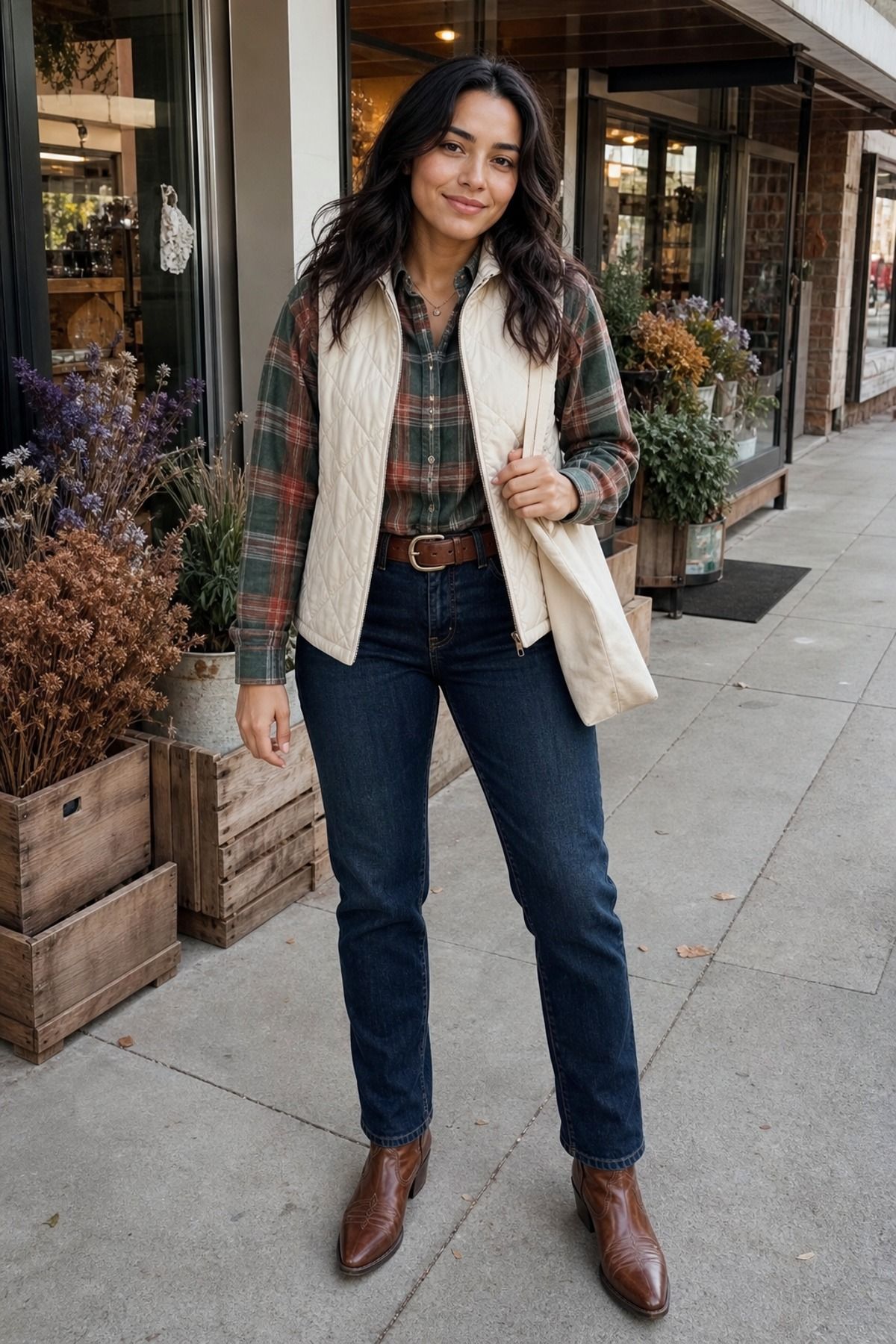 Woman wearing a quilted vest with flannel and jeans, a Western casual outfit
