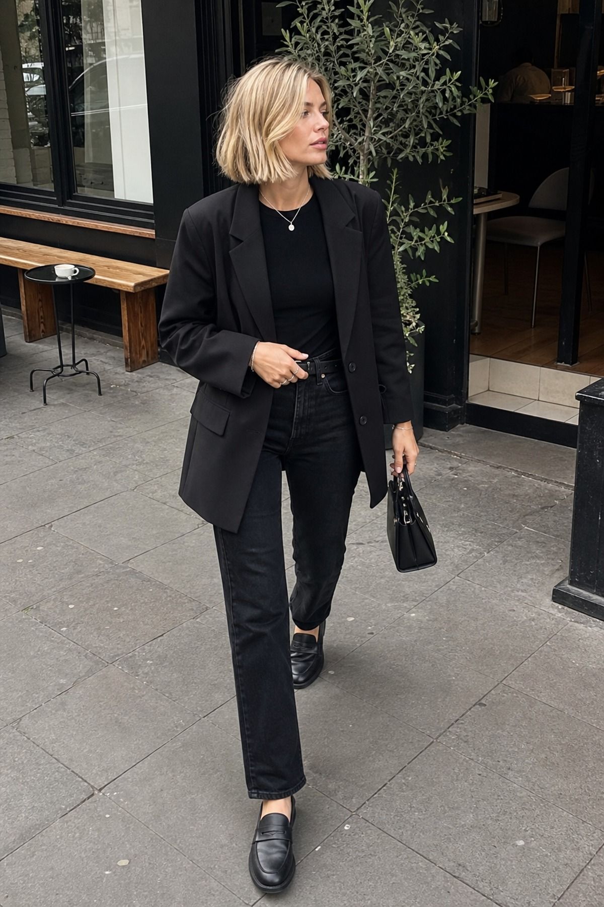 Woman wearing a black blazer with black straight jeans, an all black outfit