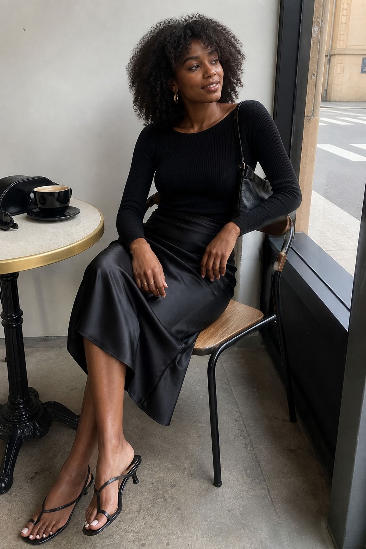 Woman wearing a black satin skirt with a knit top, an all black outfit