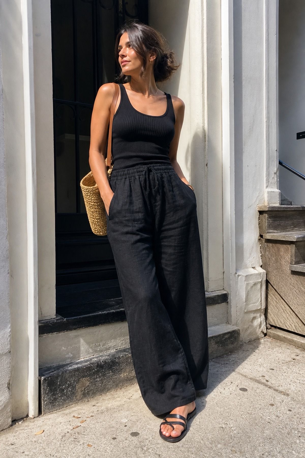 Woman wearing black linen pants with a ribbed tank, an all black outfit