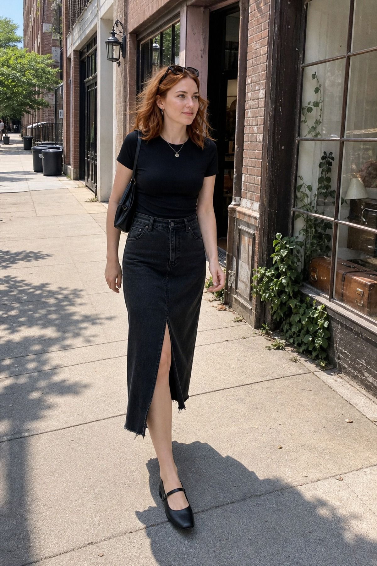 Woman wearing a black denim skirt with a fitted tee, an all black outfit