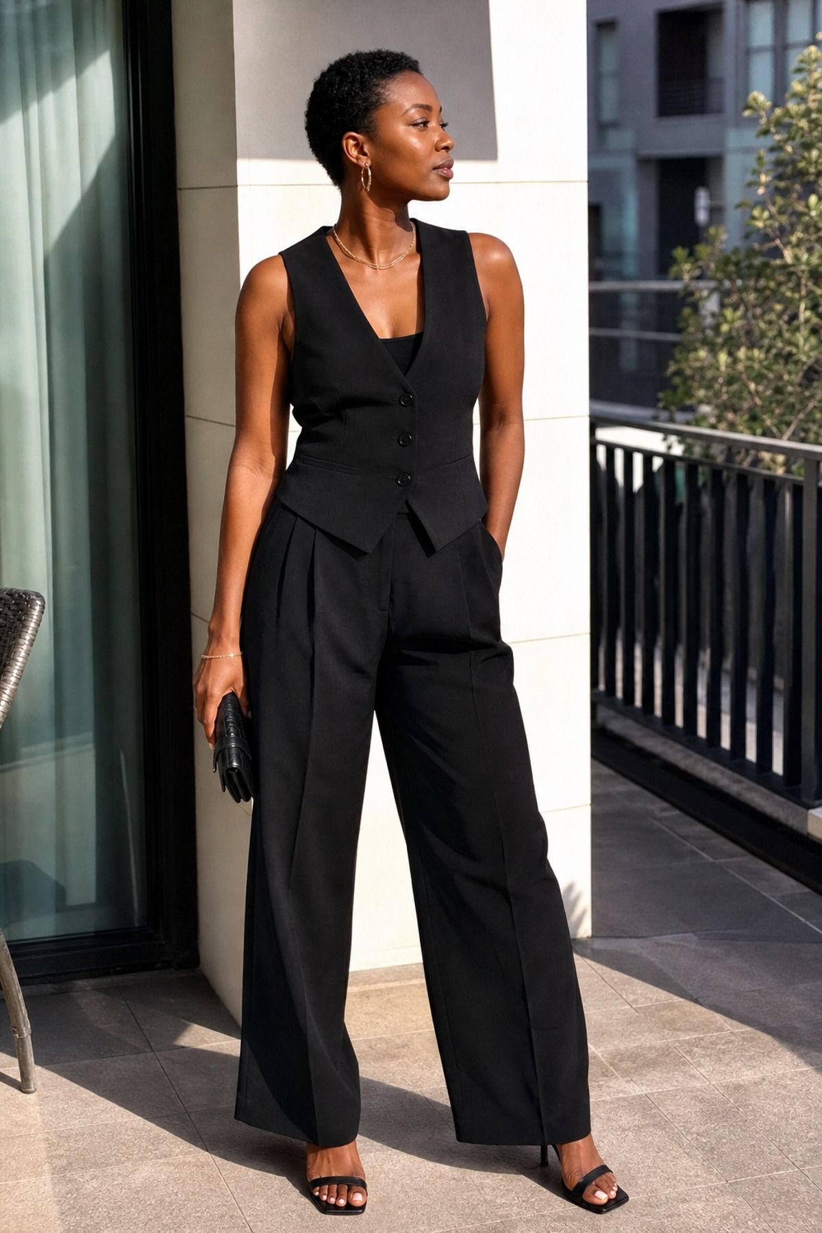 Woman wearing a black vest with matching trousers, an all black outfit