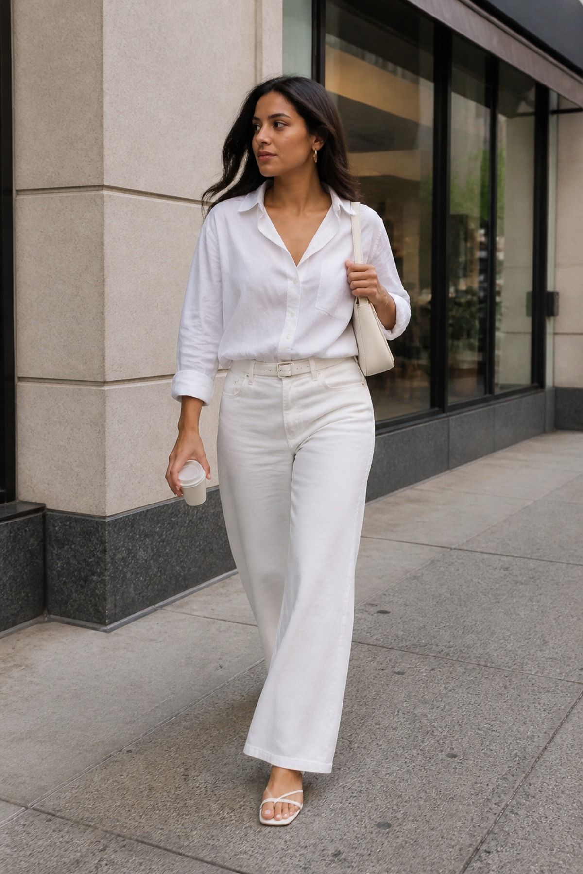 Woman wearing a white button-down with white wide-leg jeans, an all white outfit