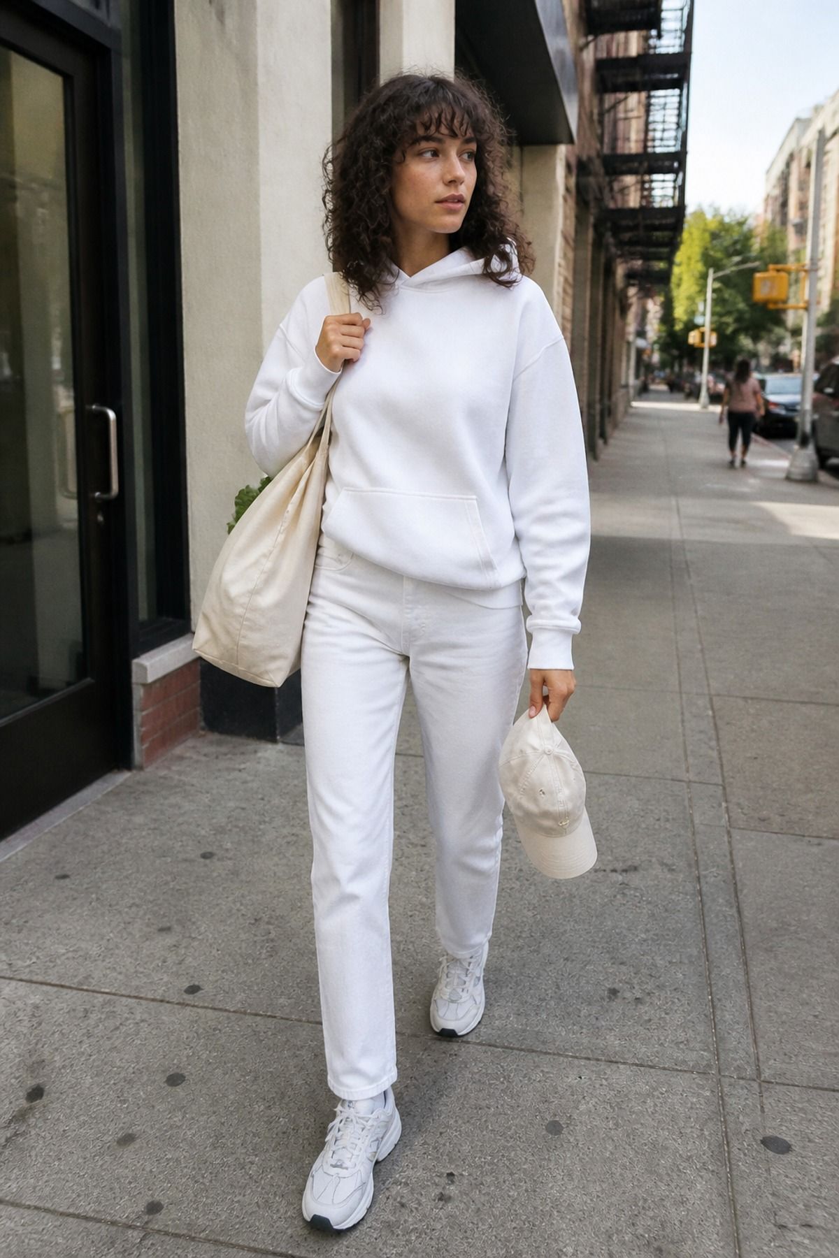Woman wearing a white hoodie with white straight jeans, an all white outfit