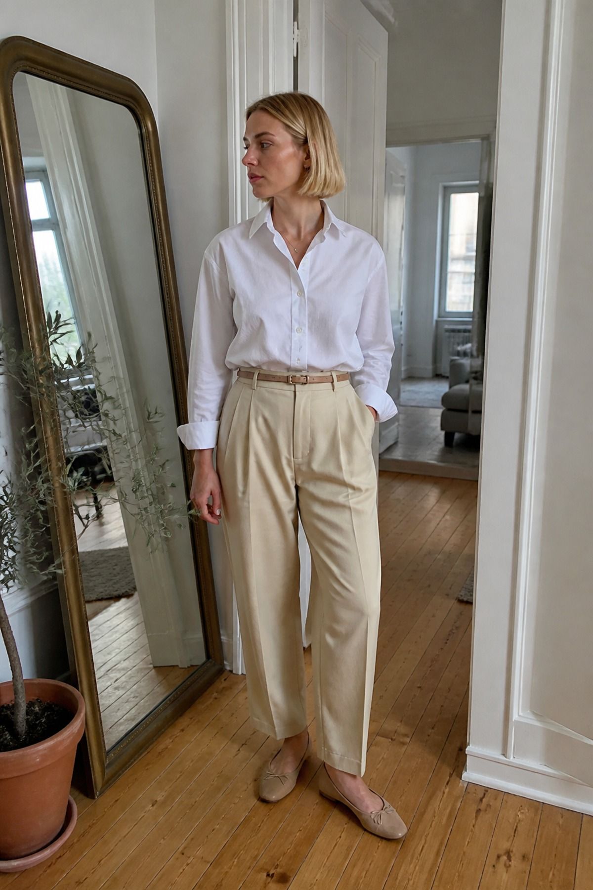 Woman wearing a white shirt with beige trousers