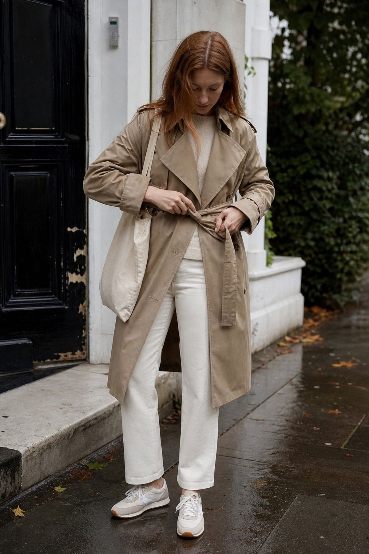 Woman wearing a beige trench with cream basics