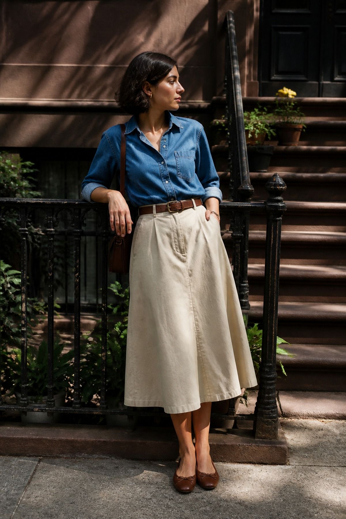 Woman wearing a denim shirt with a beige midi skirt