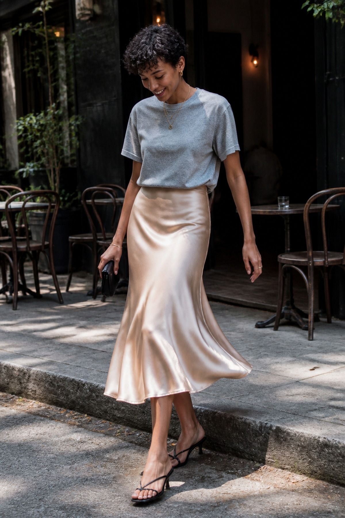 Woman wearing a beige satin skirt with a gray tee