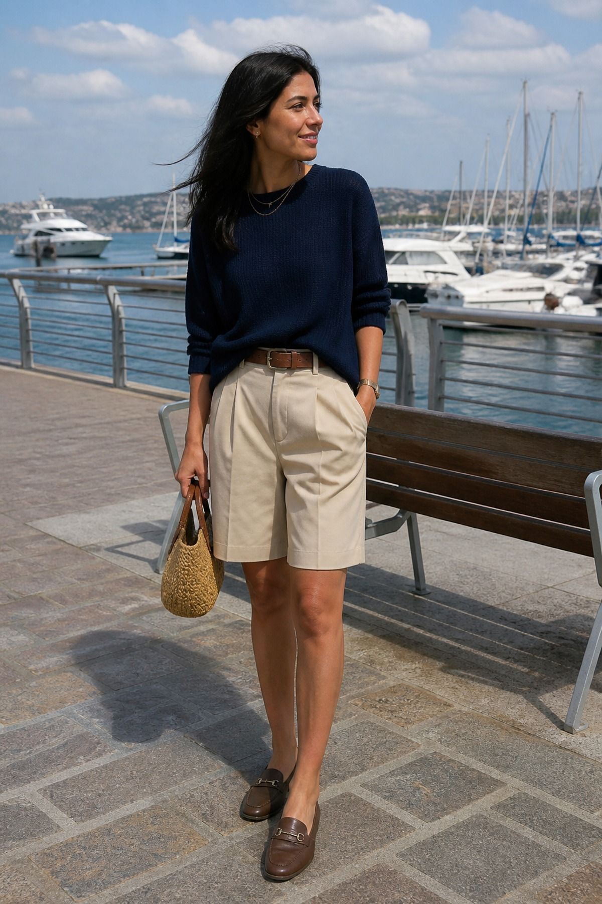 Woman wearing a navy sweater with beige shorts