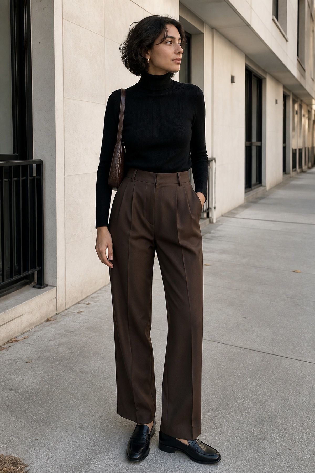 Woman wearing a black turtleneck with chocolate trousers, a black and brown outfit