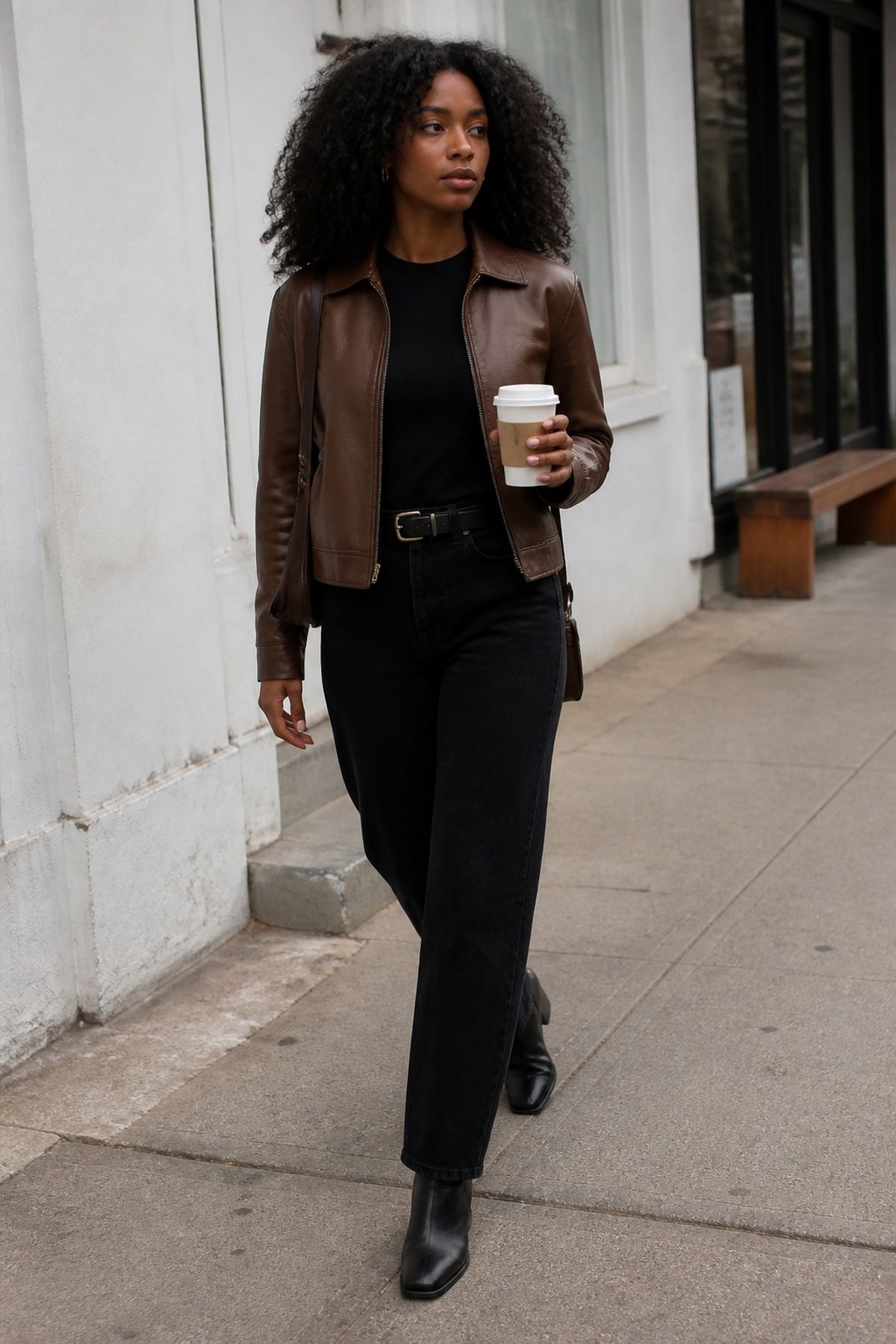 Woman wearing a brown leather jacket with black jeans, a black and brown outfit