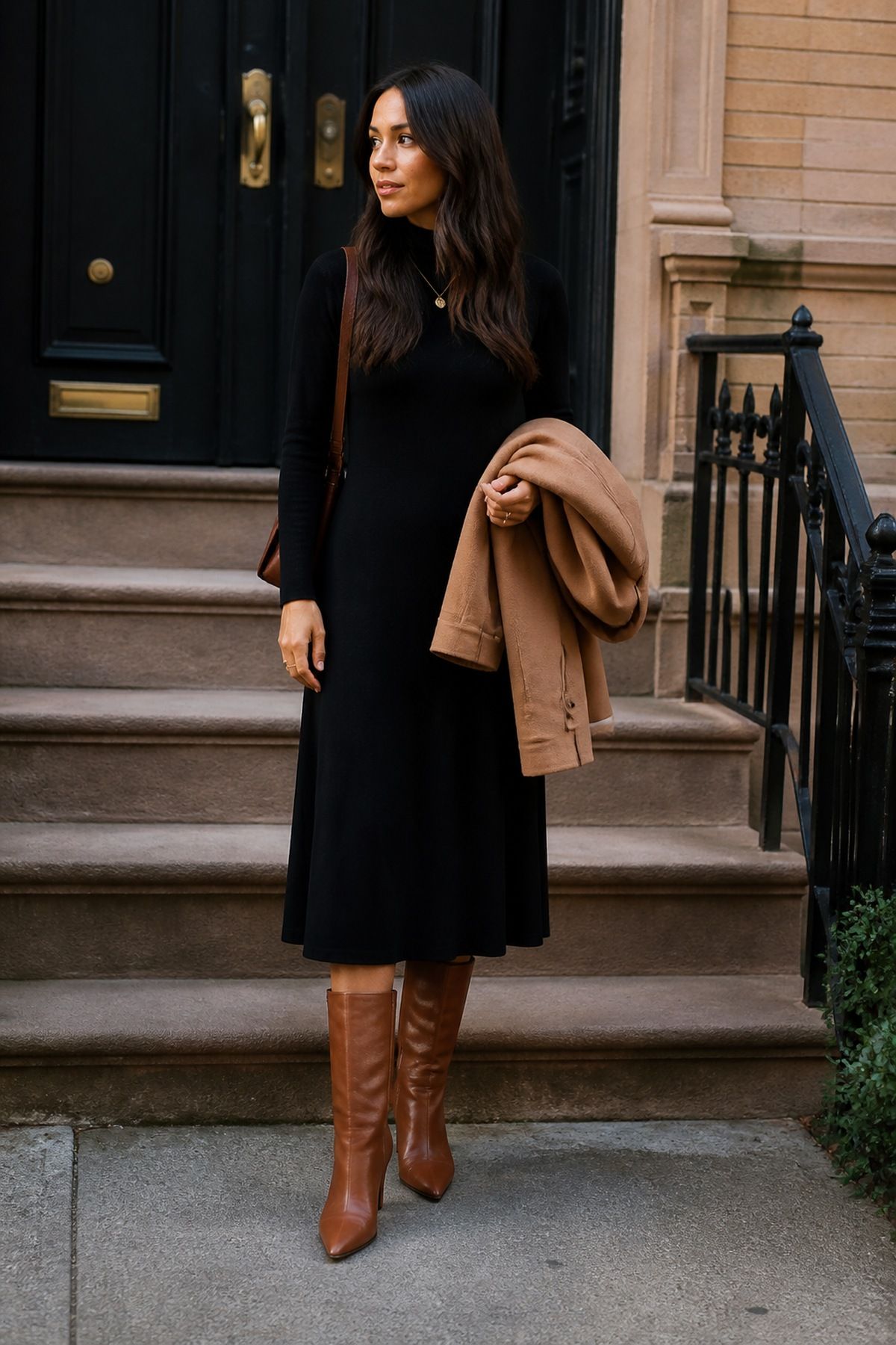 Woman wearing a black dress with cognac boots, a black and brown outfit