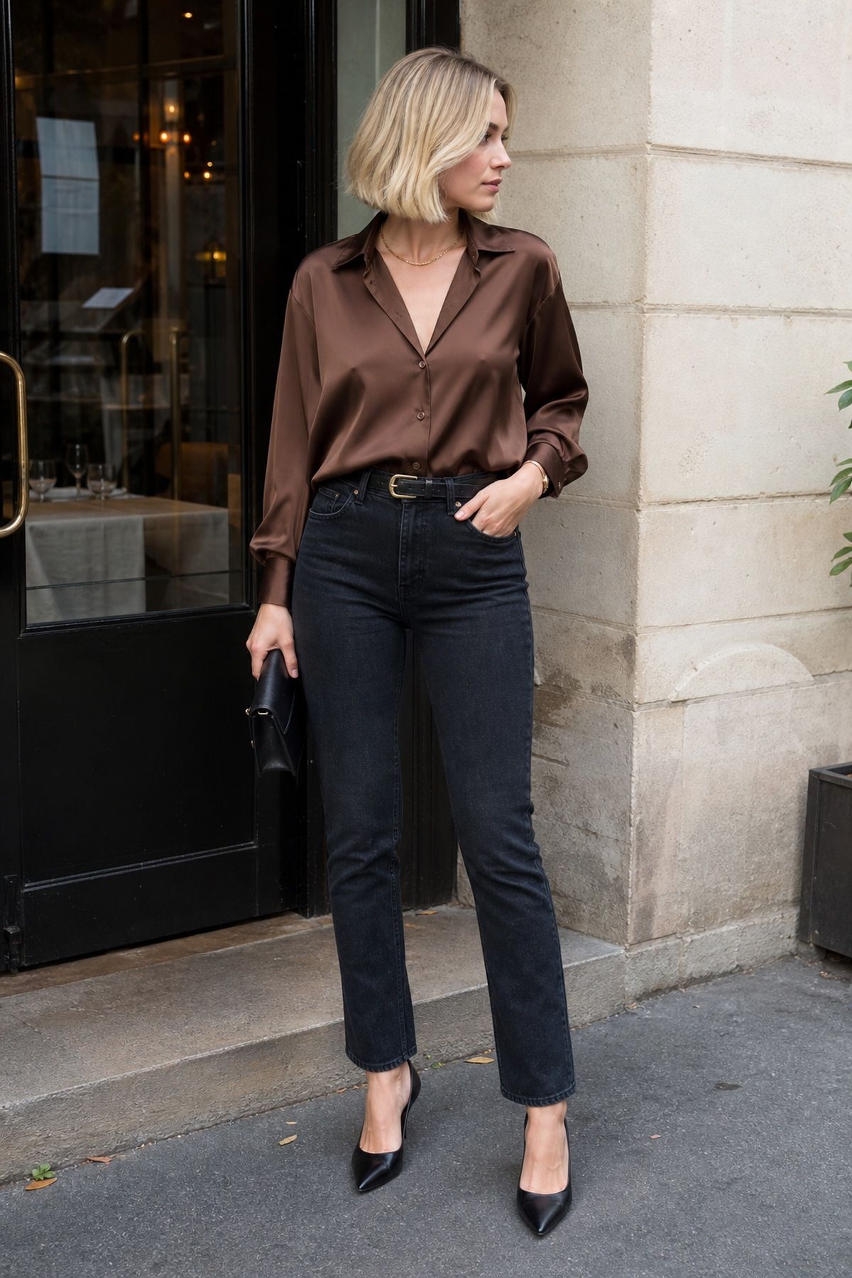 Woman wearing a brown satin blouse with black denim, a black and brown outfit