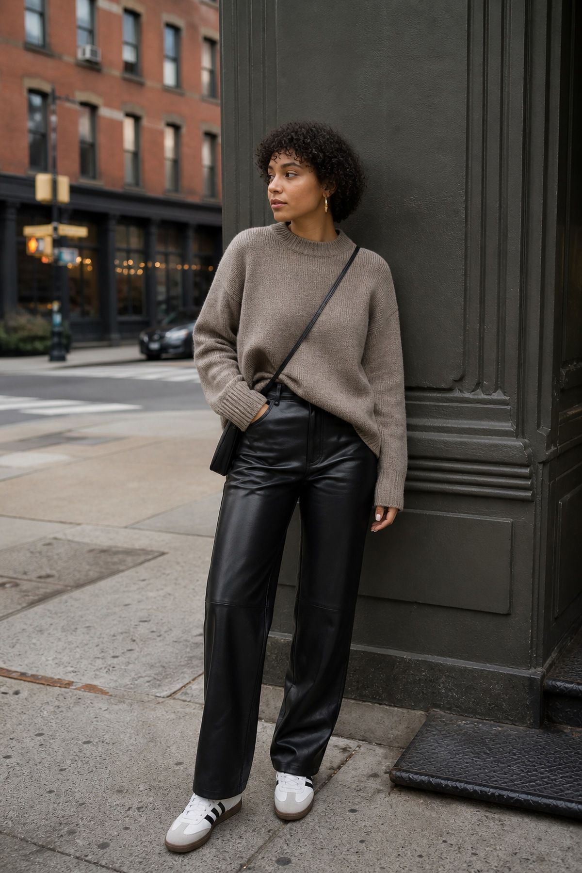 Woman wearing a taupe sweater with black leather pants, a black and brown outfit