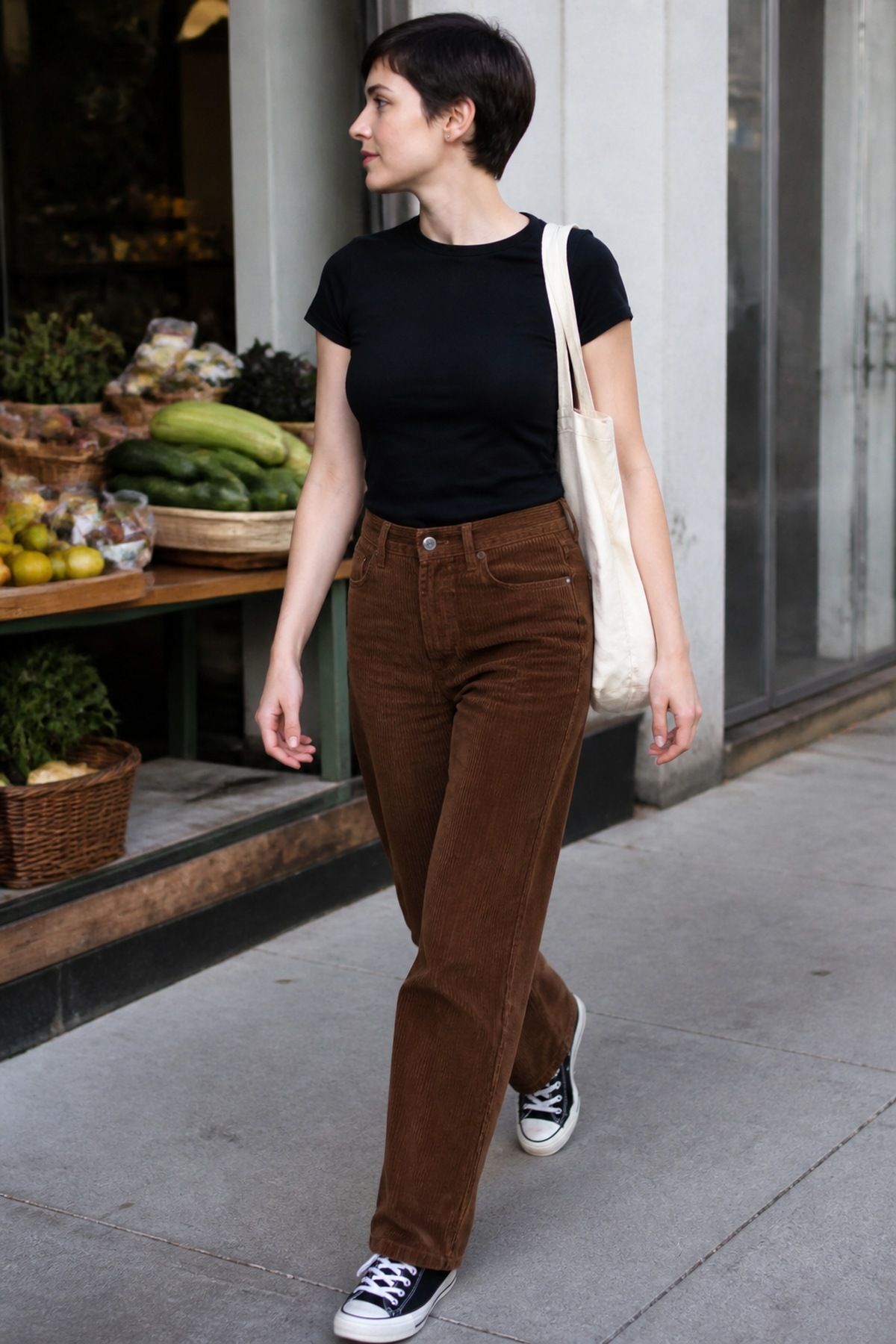 Woman wearing a black tee with brown corduroy pants, a black and brown outfit