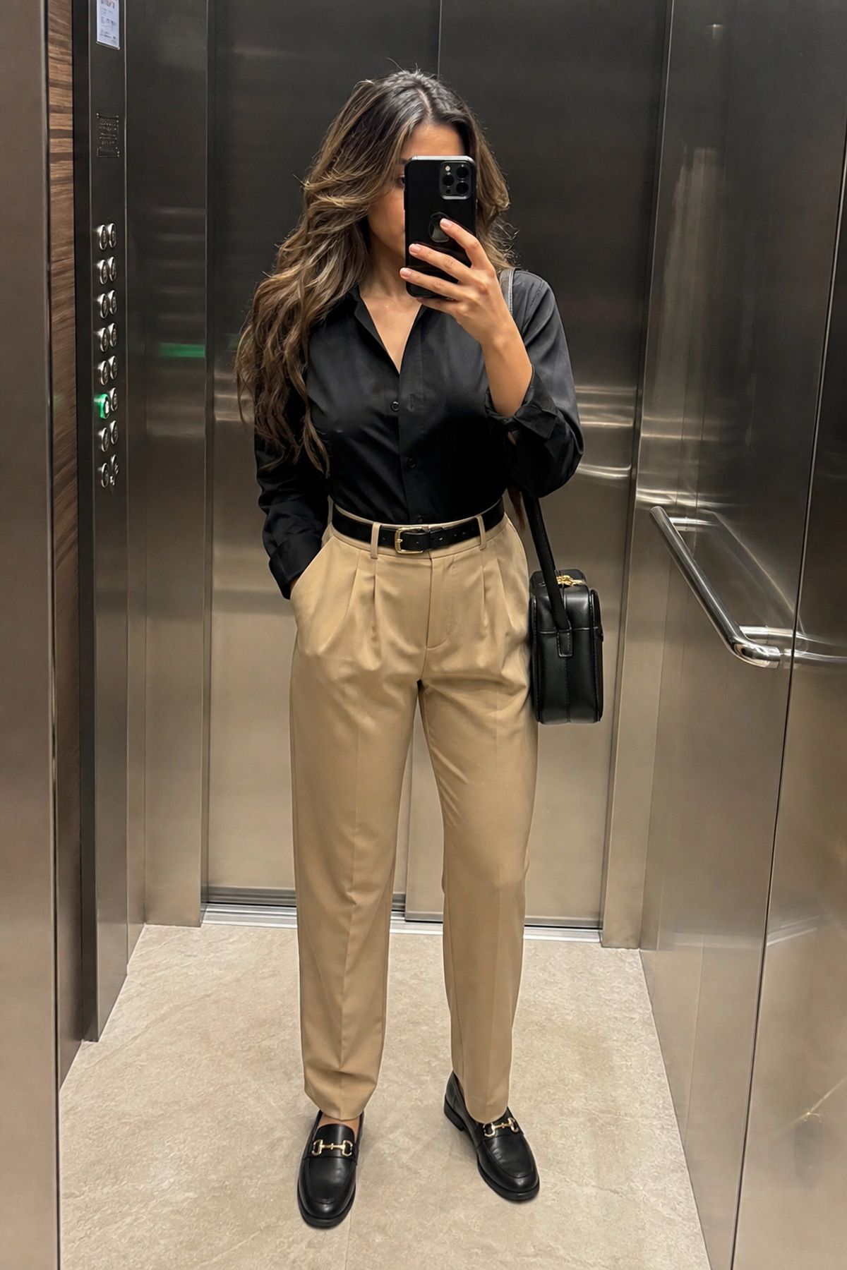 Woman wearing a black button-down with tan trousers, a black and brown outfit