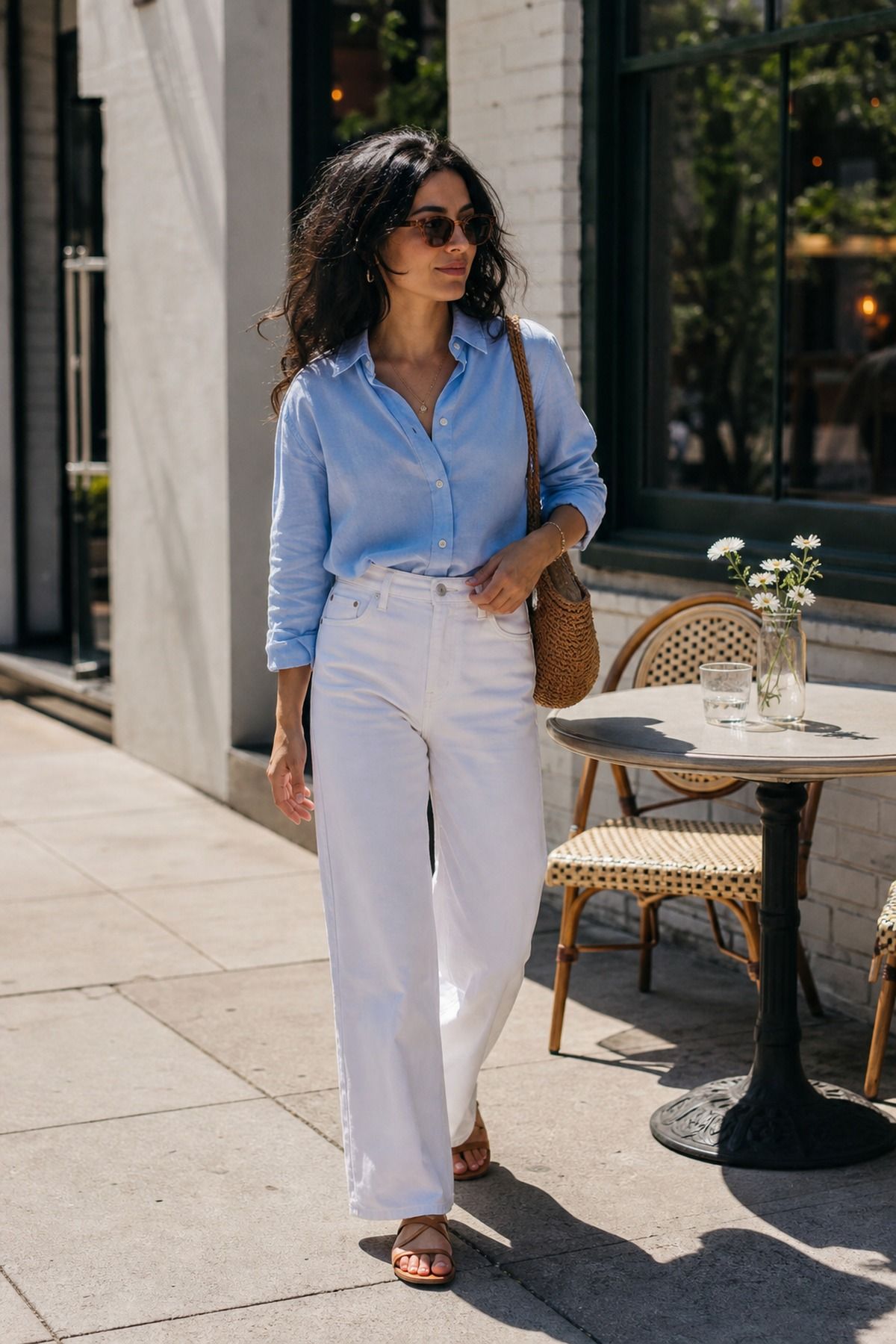 Blue Button-Down With White Wide-Leg Jeans blue and white outfit idea.