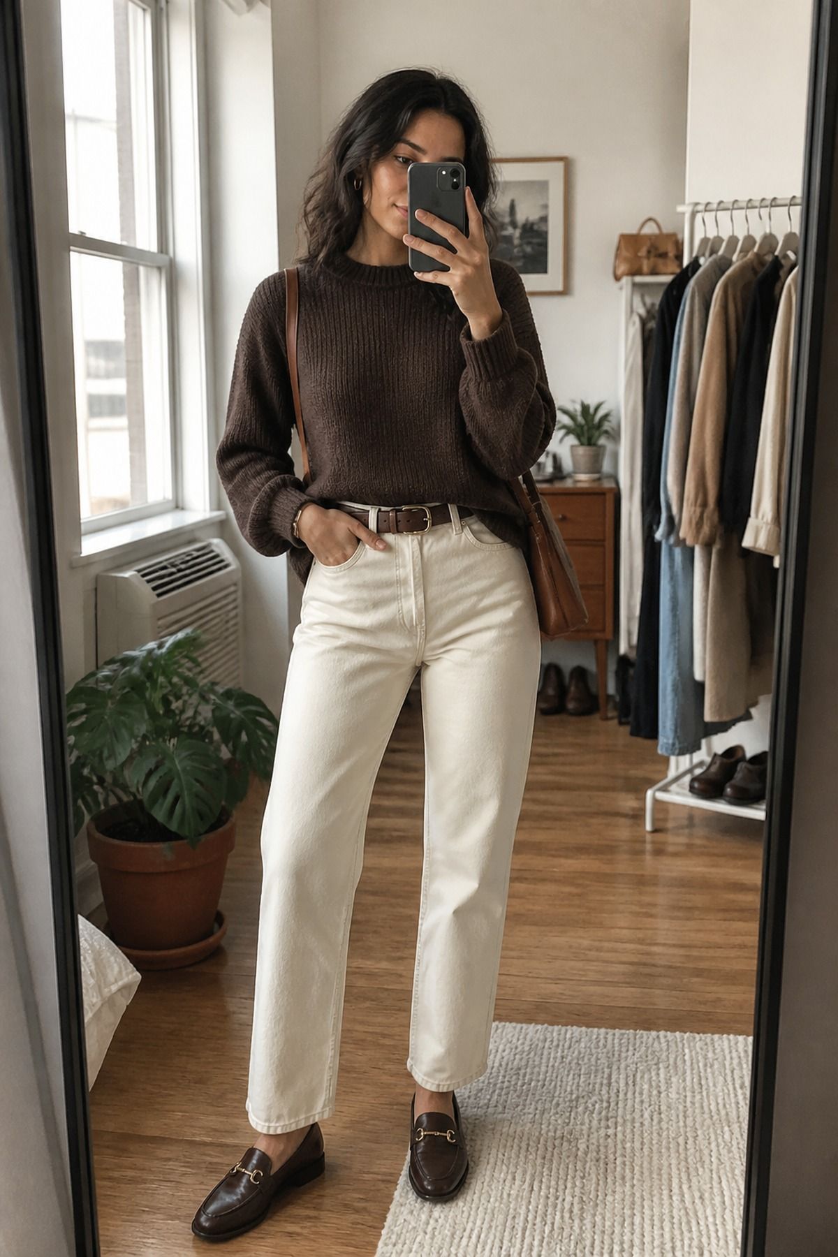 Woman wearing a chocolate sweater with cream jeans, a brown outfit