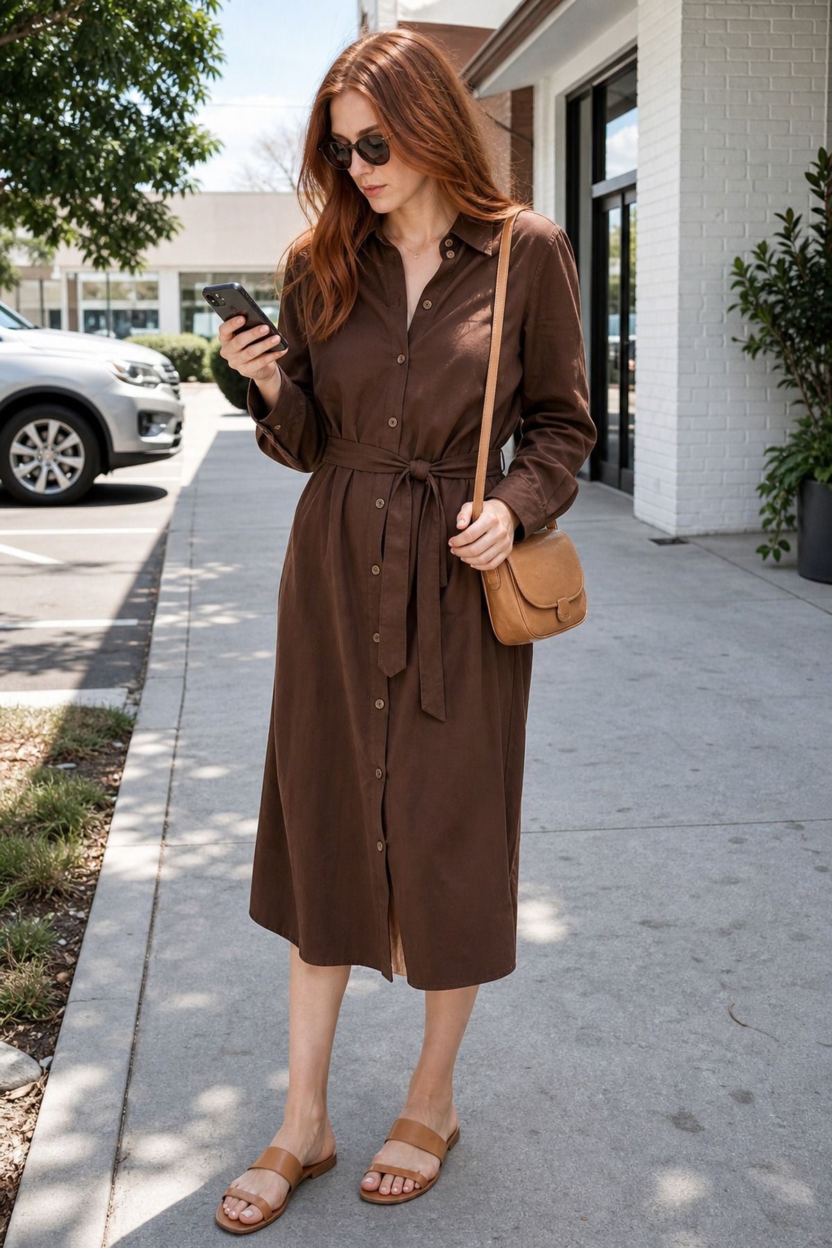 Woman wearing a brown shirt dress with tan sandals