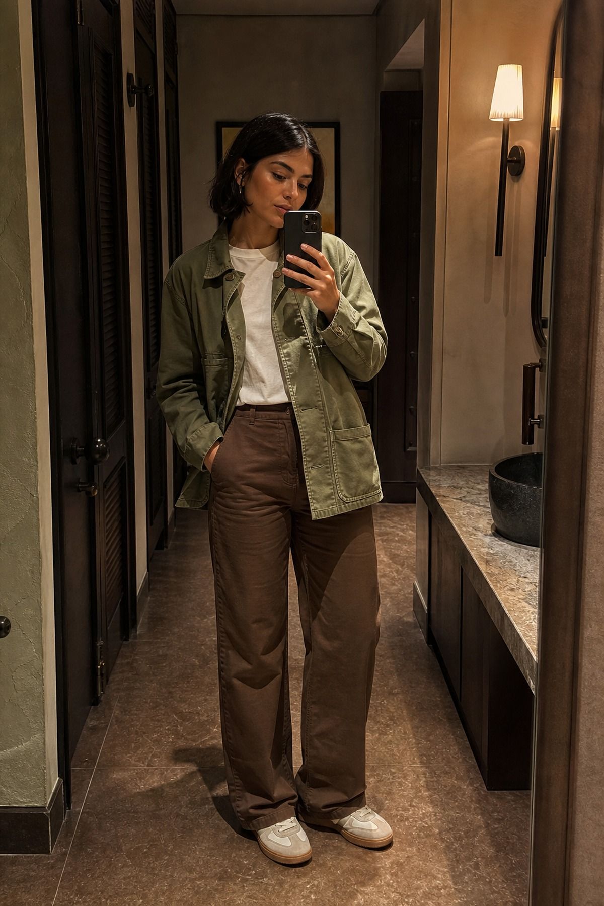 Woman wearing an olive jacket with brown pants
